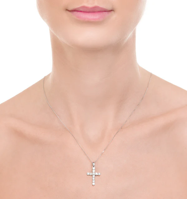 1.00ct Diamond and 18K White Gold Cross Pendant Necklace - FR42 - Image 3