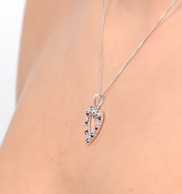 9K White Gold 0.03ct Diamond and Sapphire Heart Pendant Necklace - Image 4