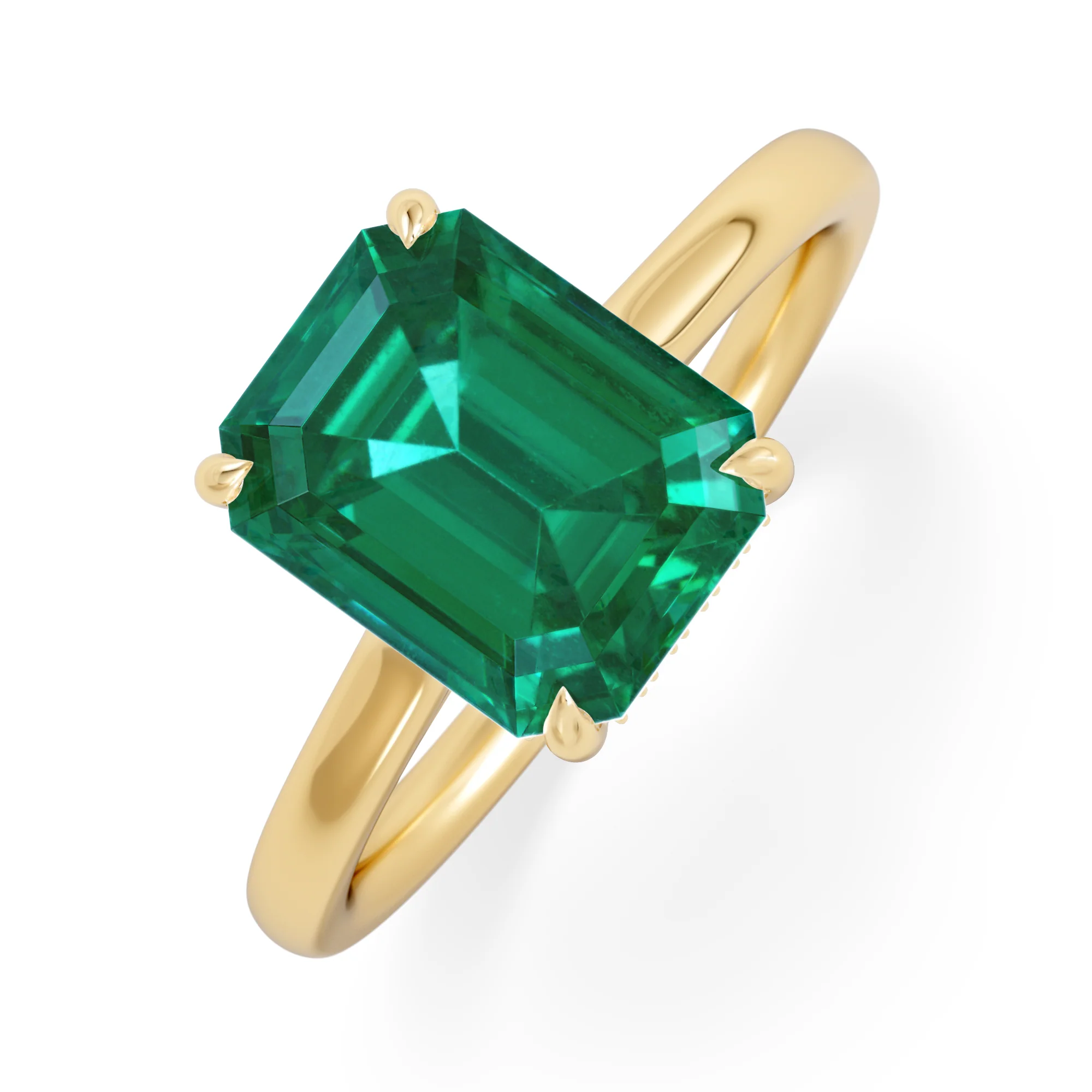 Amora 2.00ct Emerald Cut Lab Emerald Hidden Halo Engagement Ring in 18K Yellow Gold