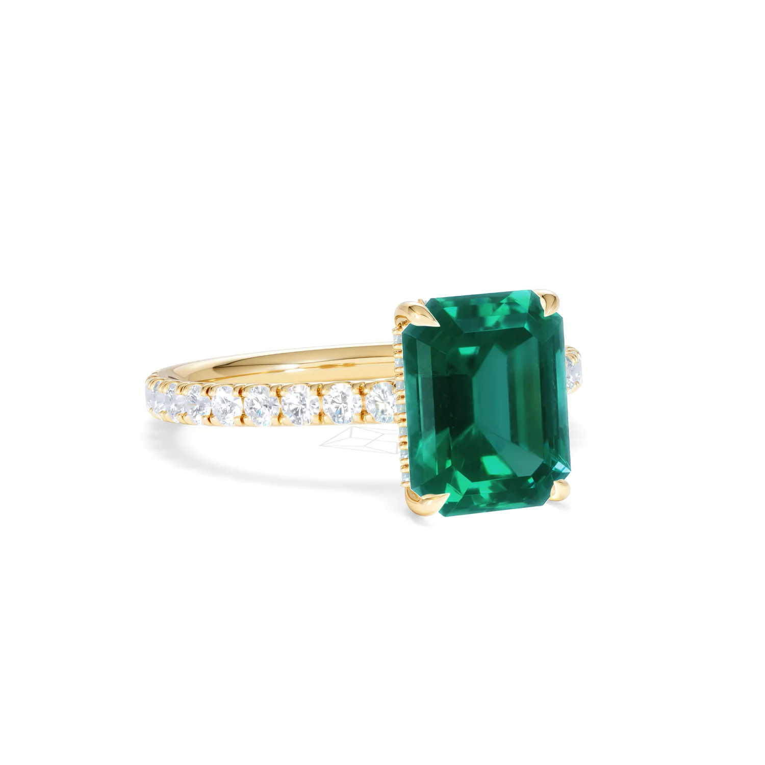 Amora 2.00ct Emerald Cut Lab Emerald Hidden Halo Engagement Ring with Side Stones in 18K Yellow Gold - Image 14