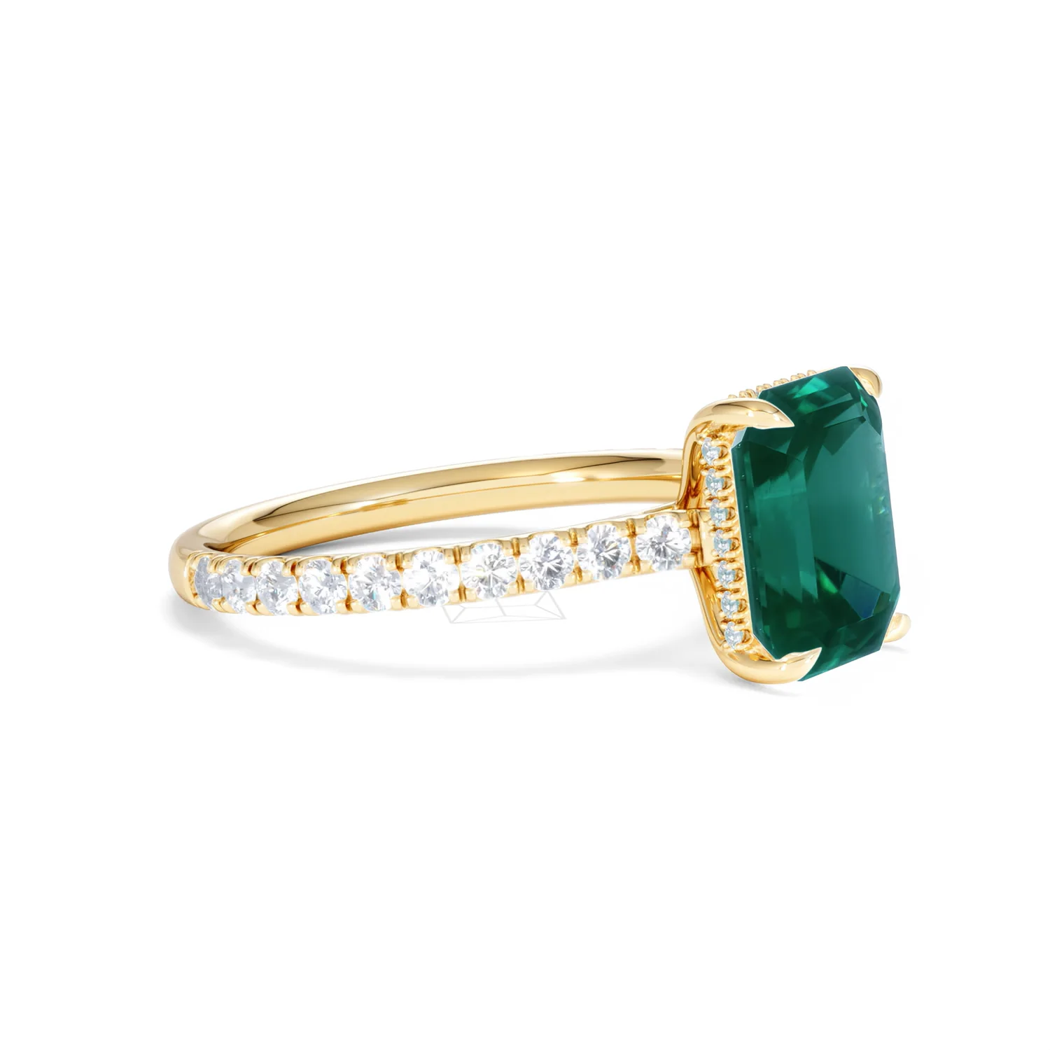 Amora 2.00ct Emerald Cut Lab Emerald Hidden Halo Engagement Ring with Side Stones in 18K Yellow Gold - Image 21