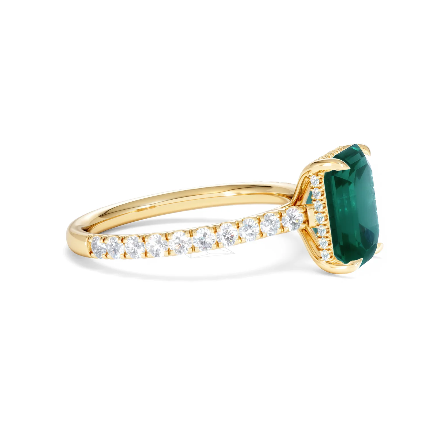 Amora 2.00ct Emerald Cut Lab Emerald Hidden Halo Engagement Ring with Side Stones in 18K Yellow Gold - Image 24
