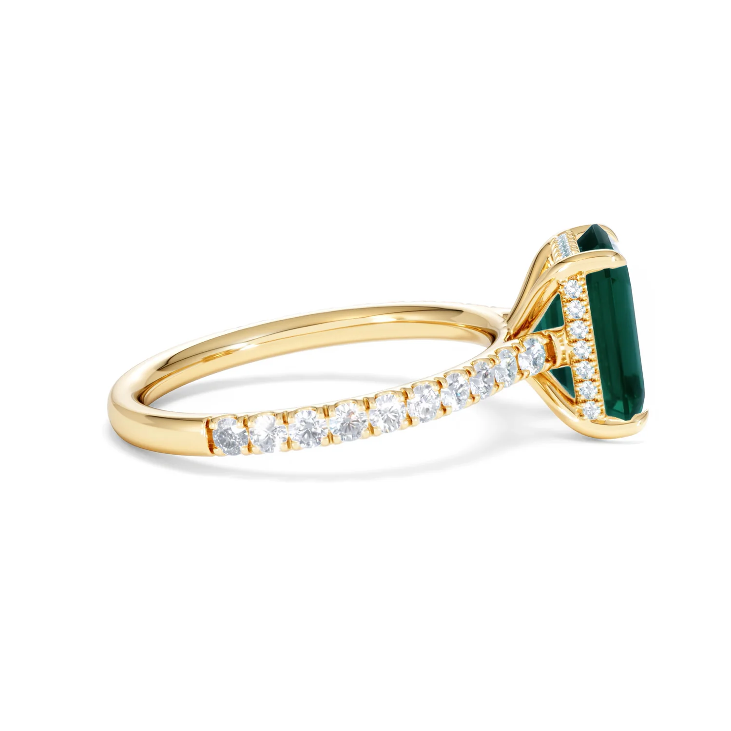 Amora 2.00ct Emerald Cut Lab Emerald Hidden Halo Engagement Ring with Side Stones in 18K Yellow Gold - Image 29