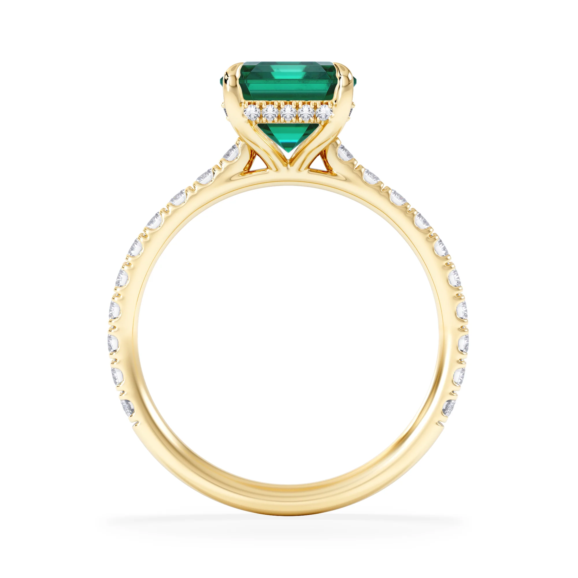 Amora 2.00ct Emerald Cut Lab Emerald Hidden Halo Engagement Ring with Side Stones in 18K Yellow Gold - Image 3