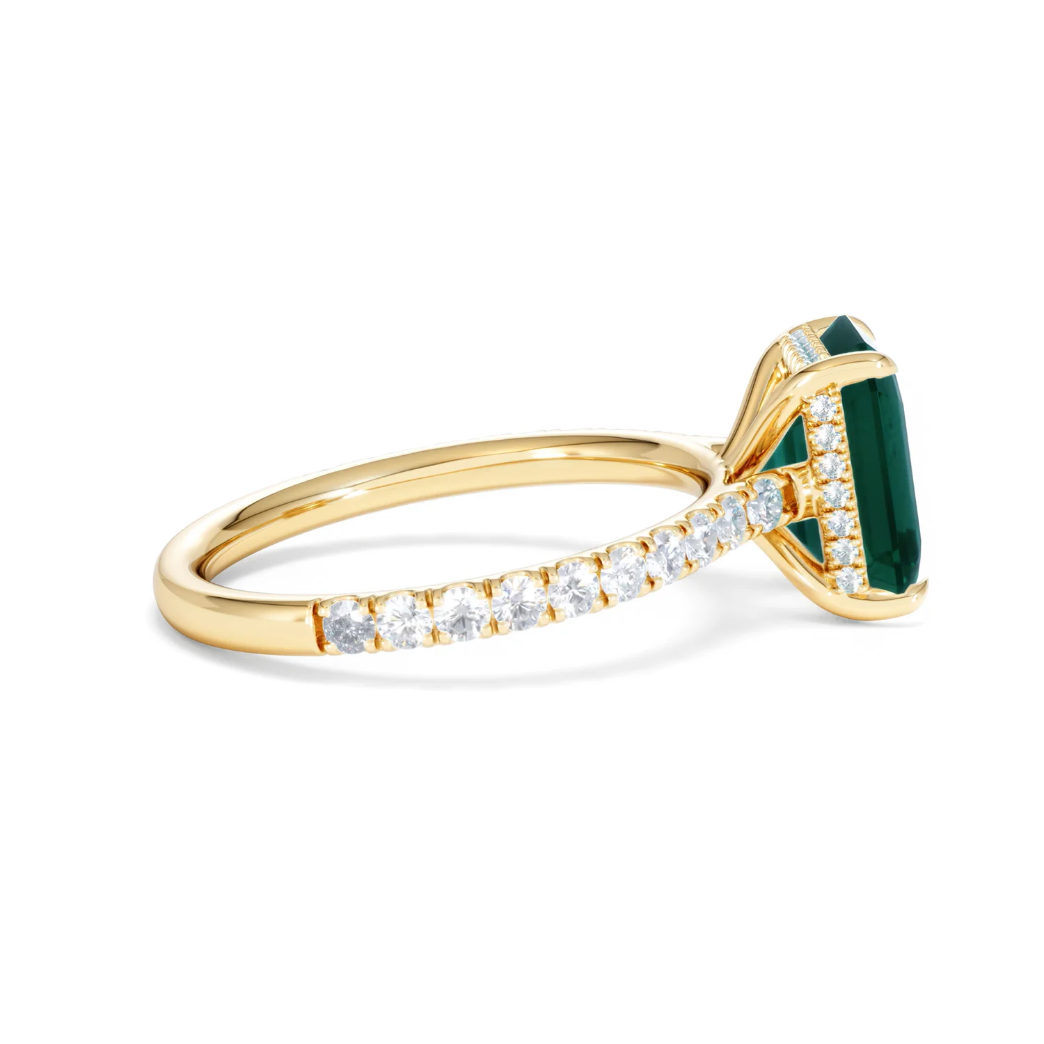 Amora 2.00ct Emerald Cut Lab Emerald Hidden Halo Engagement Ring with Side Stones in 18K Yellow Gold - Image 30
