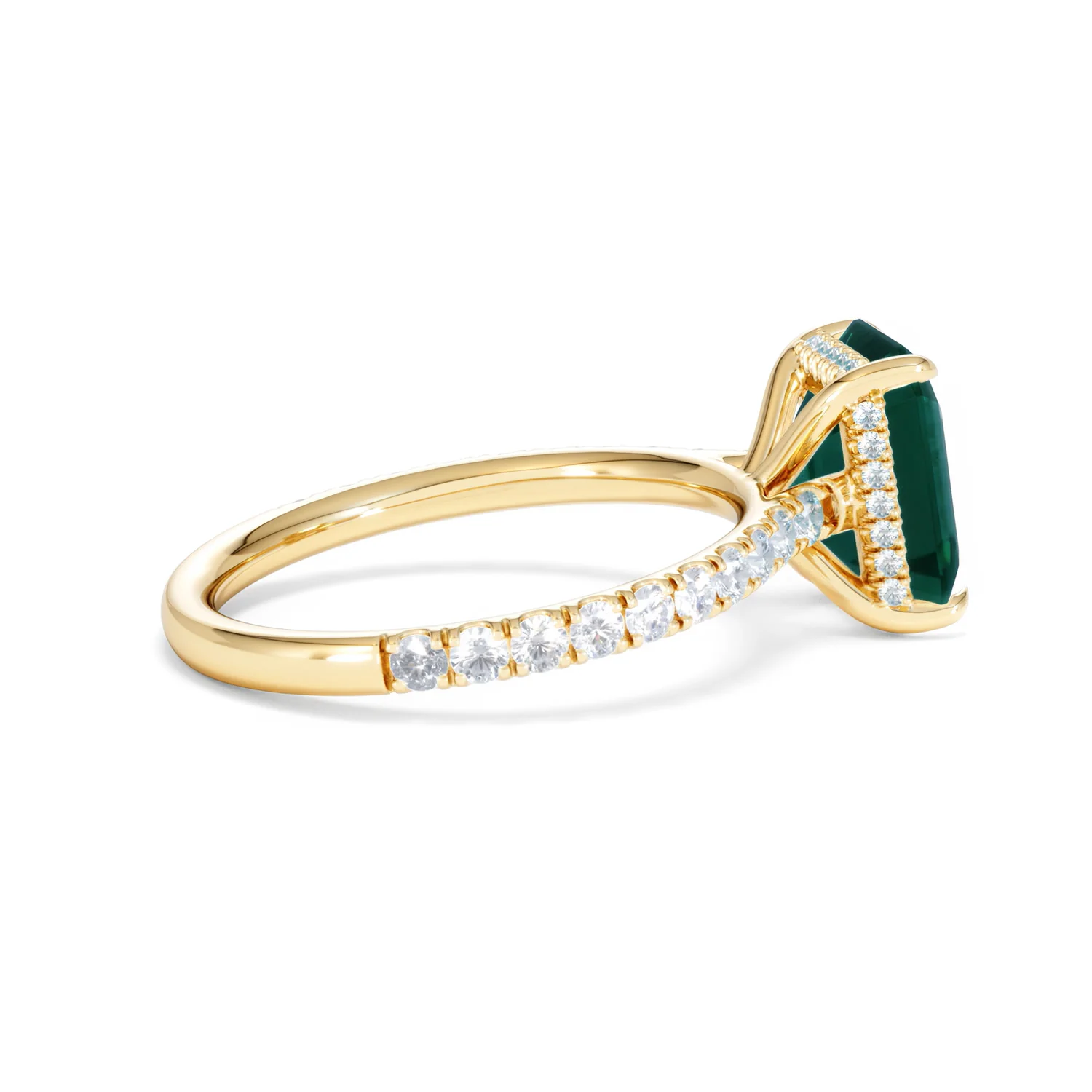 Amora 2.00ct Emerald Cut Lab Emerald Hidden Halo Engagement Ring with Side Stones in 18K Yellow Gold - Image 32
