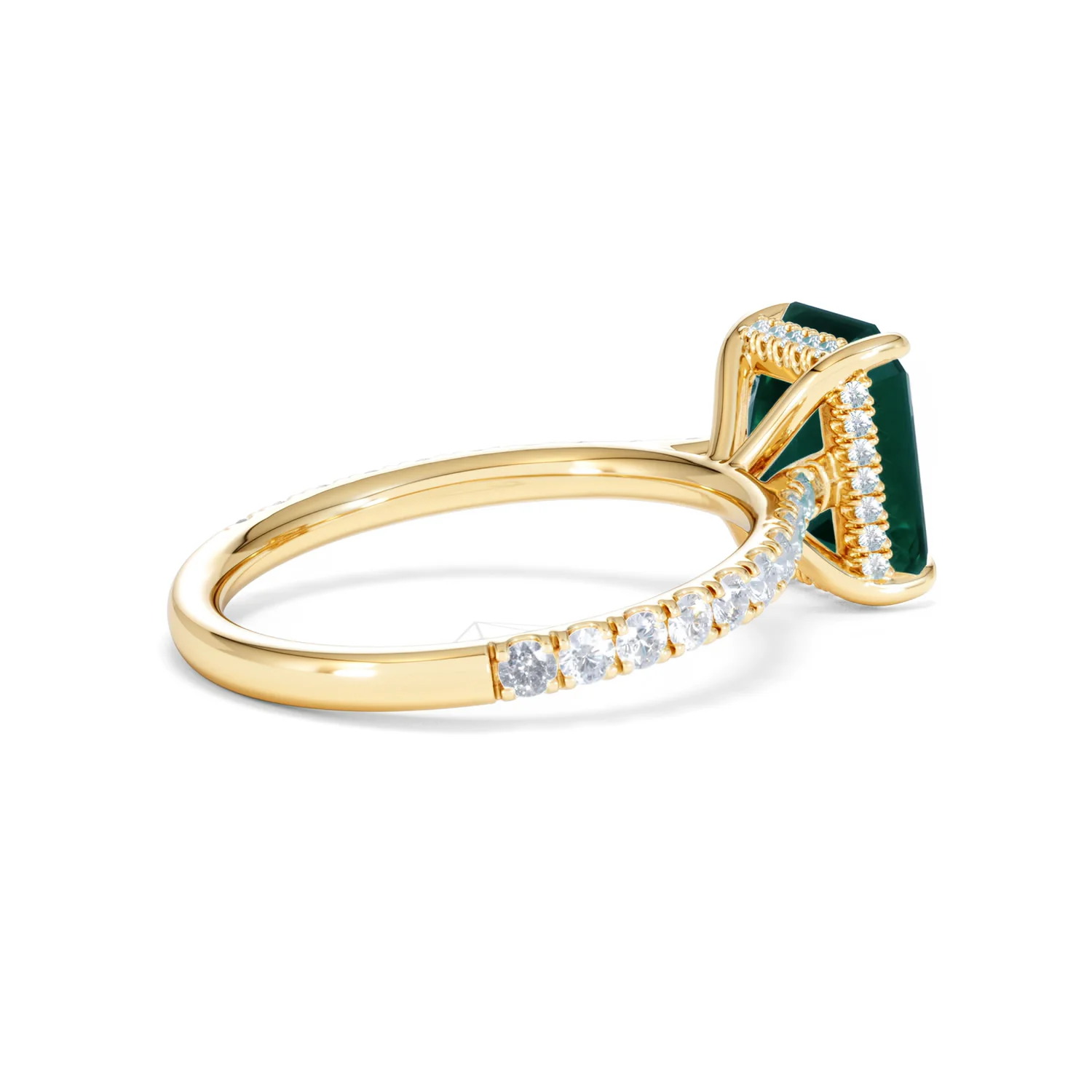 Amora 2.00ct Emerald Cut Lab Emerald Hidden Halo Engagement Ring with Side Stones in 18K Yellow Gold - Image 36