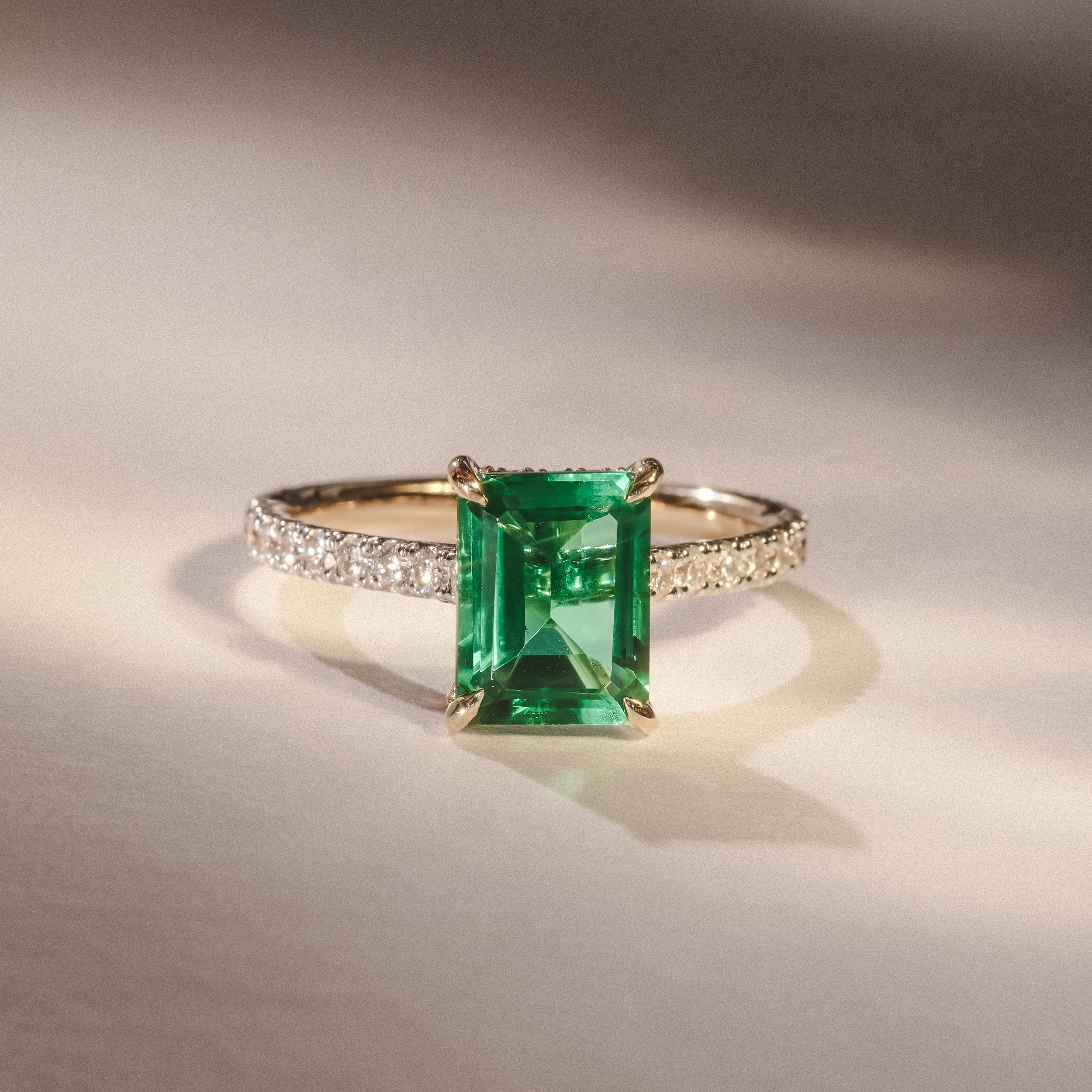 Amora 2.00ct Emerald Cut Lab Emerald Hidden Halo Engagement Ring with Side Stones in 18K Yellow Gold - Image 6