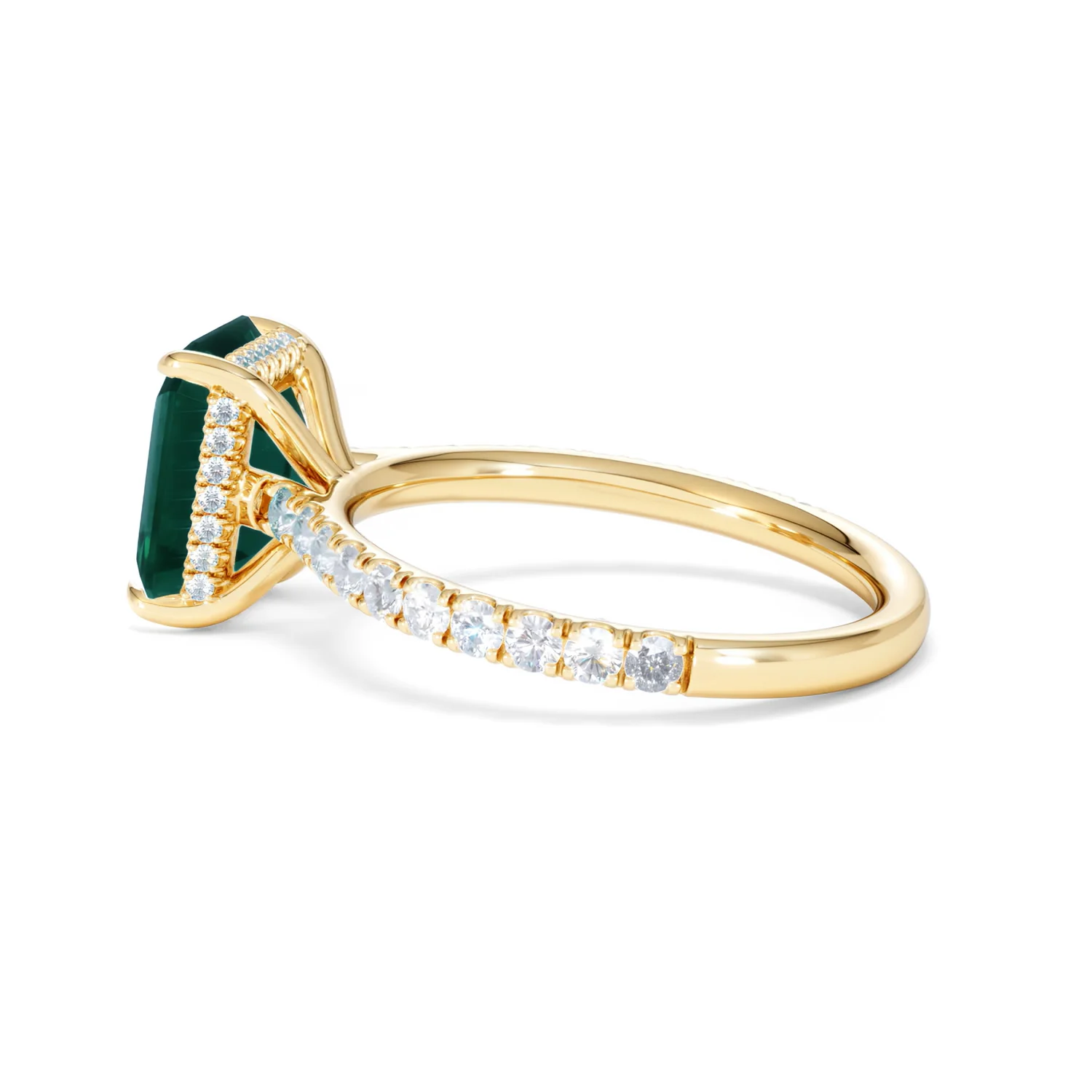 Amora 2.00ct Emerald Cut Lab Emerald Hidden Halo Engagement Ring with Side Stones in 18K Yellow Gold - Image 65