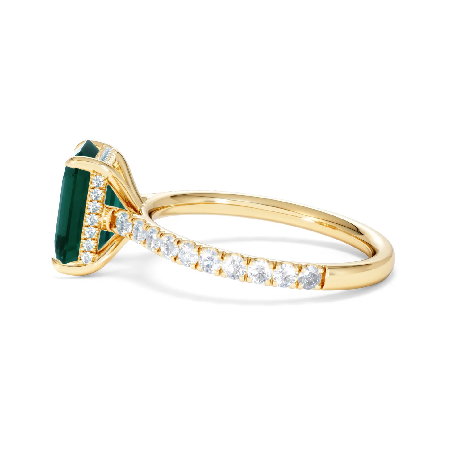 Amora 2.00ct Emerald Cut Lab Emerald Hidden Halo Engagement Ring with Side Stones in 18K Yellow Gold - Image 68