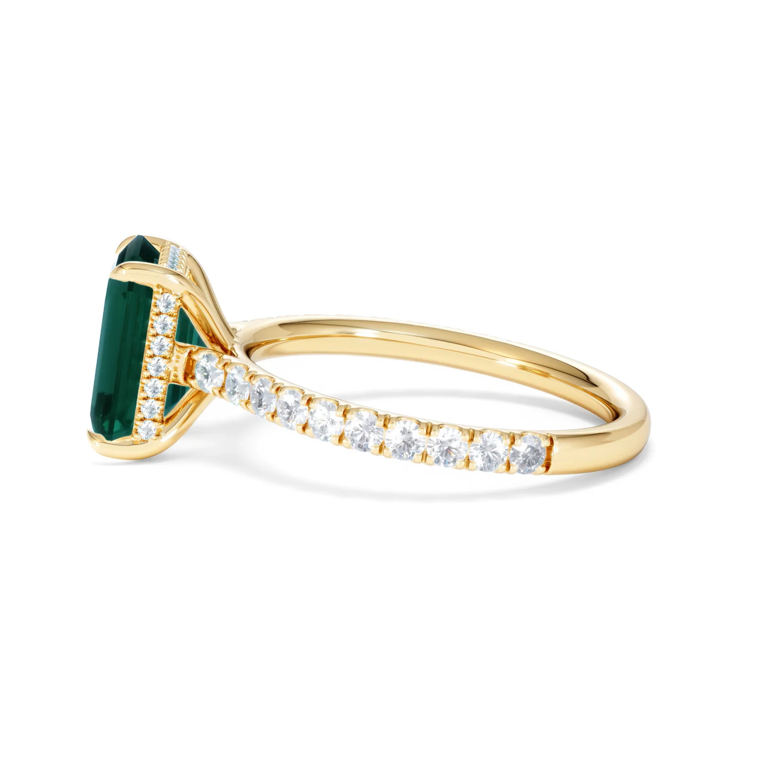 Amora 2.00ct Emerald Cut Lab Emerald Hidden Halo Engagement Ring with Side Stones in 18K Yellow Gold - Image 69