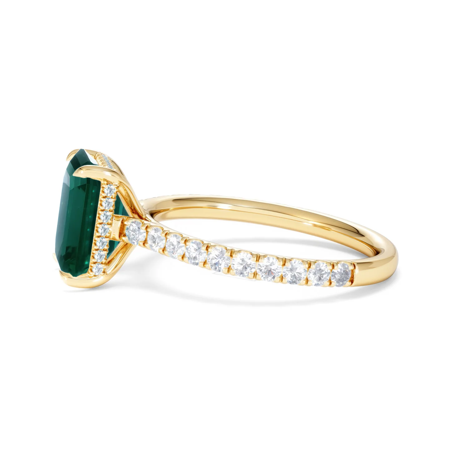 Amora 2.00ct Emerald Cut Lab Emerald Hidden Halo Engagement Ring with Side Stones in 18K Yellow Gold - Image 71