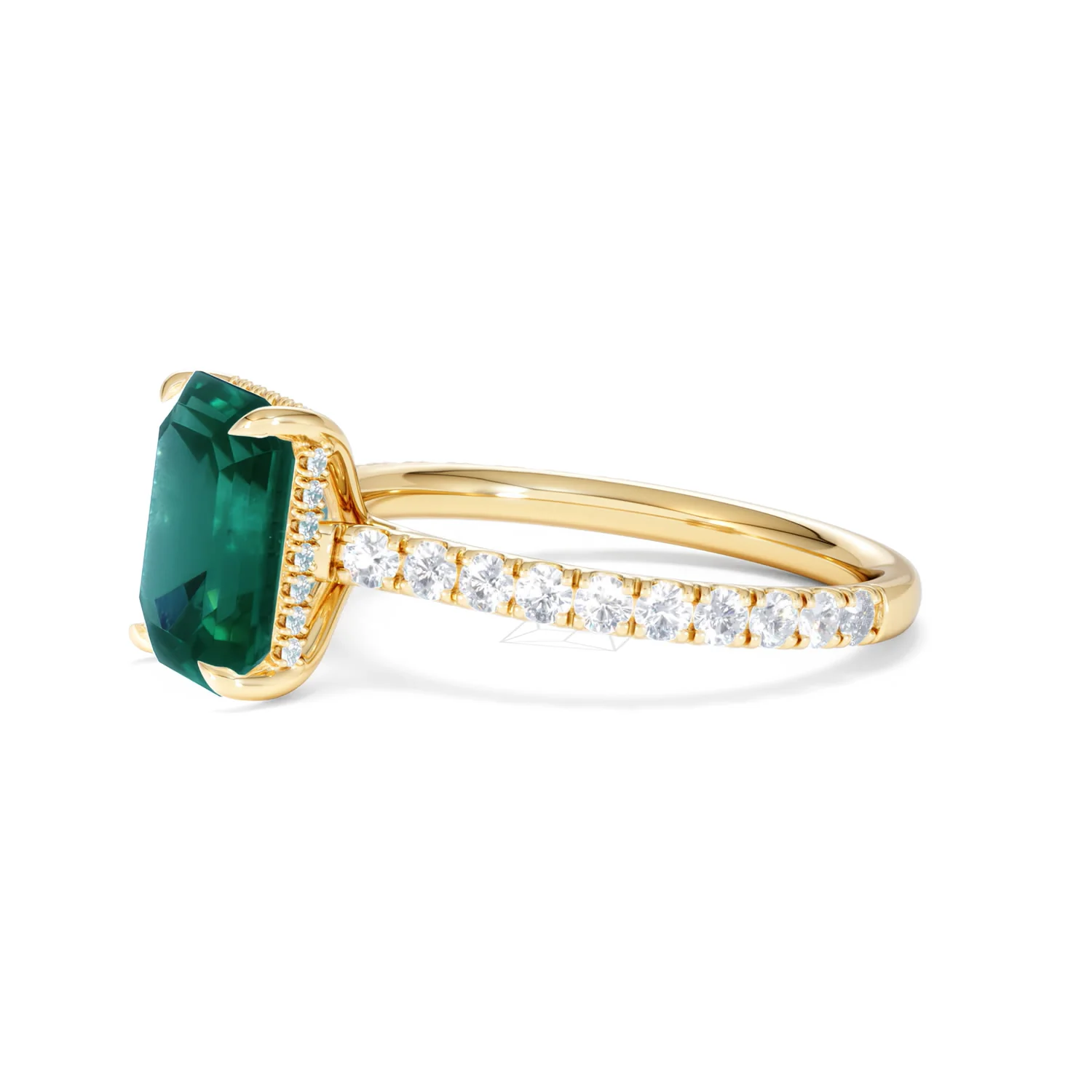 Amora 2.00ct Emerald Cut Lab Emerald Hidden Halo Engagement Ring with Side Stones in 18K Yellow Gold - Image 75