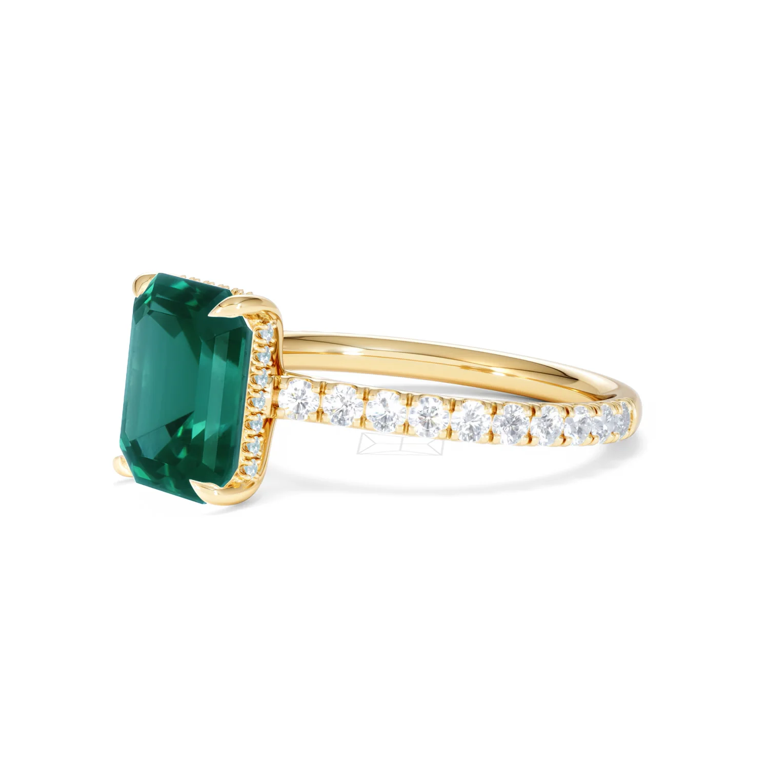 Amora 2.00ct Emerald Cut Lab Emerald Hidden Halo Engagement Ring with Side Stones in 18K Yellow Gold - Image 78