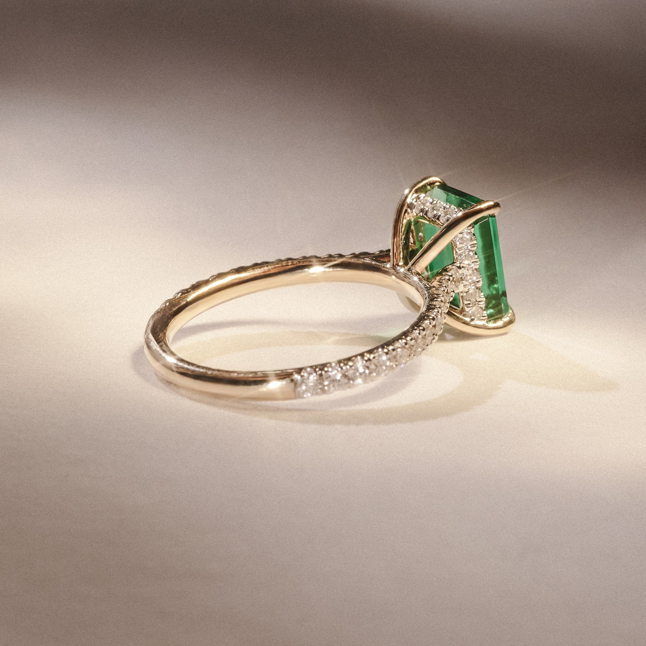 Amora 2.00ct Emerald Cut Lab Emerald Hidden Halo Engagement Ring with Side Stones in 18K Yellow Gold - Image 8