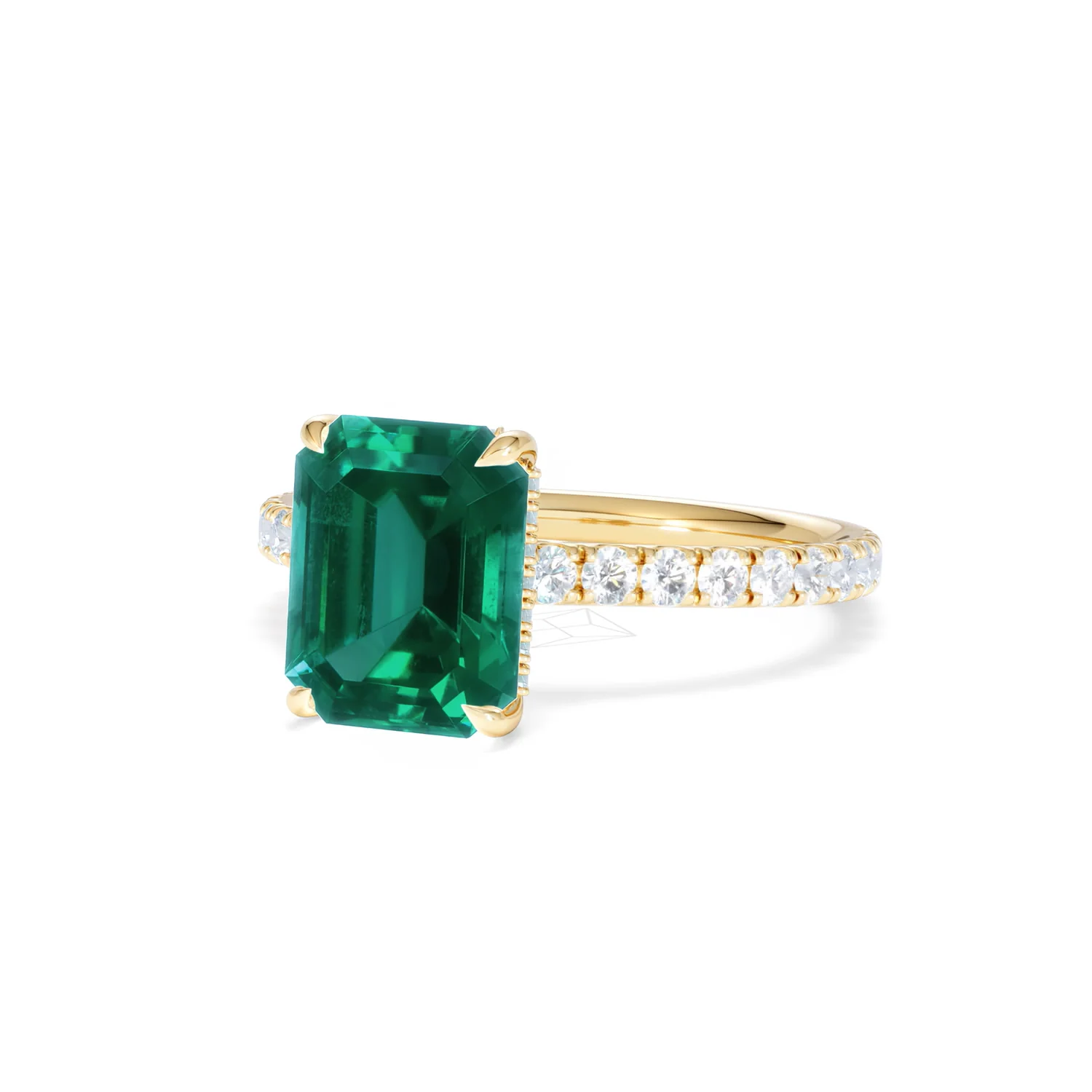 Amora 2.00ct Emerald Cut Lab Emerald Hidden Halo Engagement Ring with Side Stones in 18K Yellow Gold - Image 84