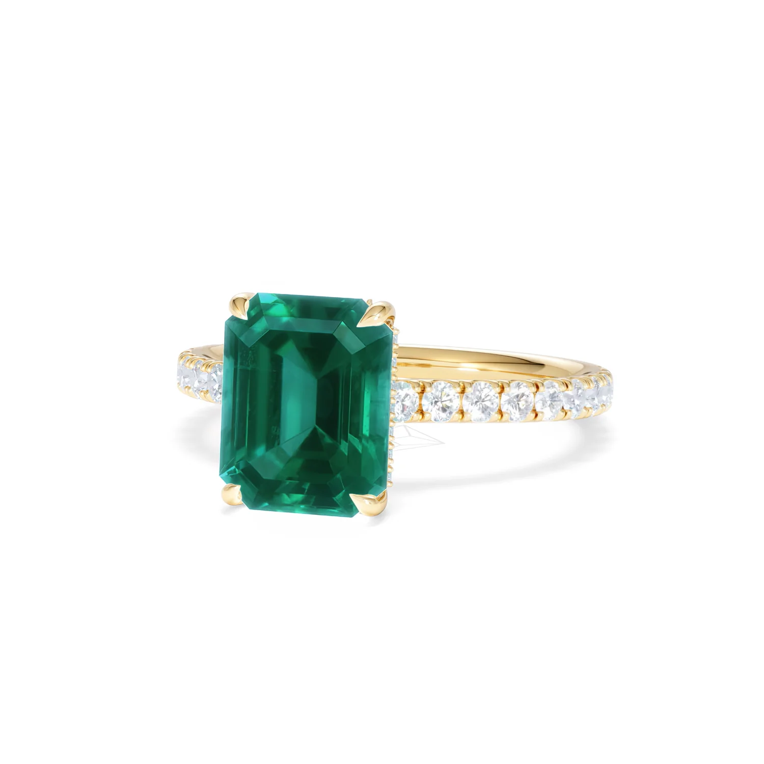 Amora 2.00ct Emerald Cut Lab Emerald Hidden Halo Engagement Ring with Side Stones in 18K Yellow Gold - Image 85