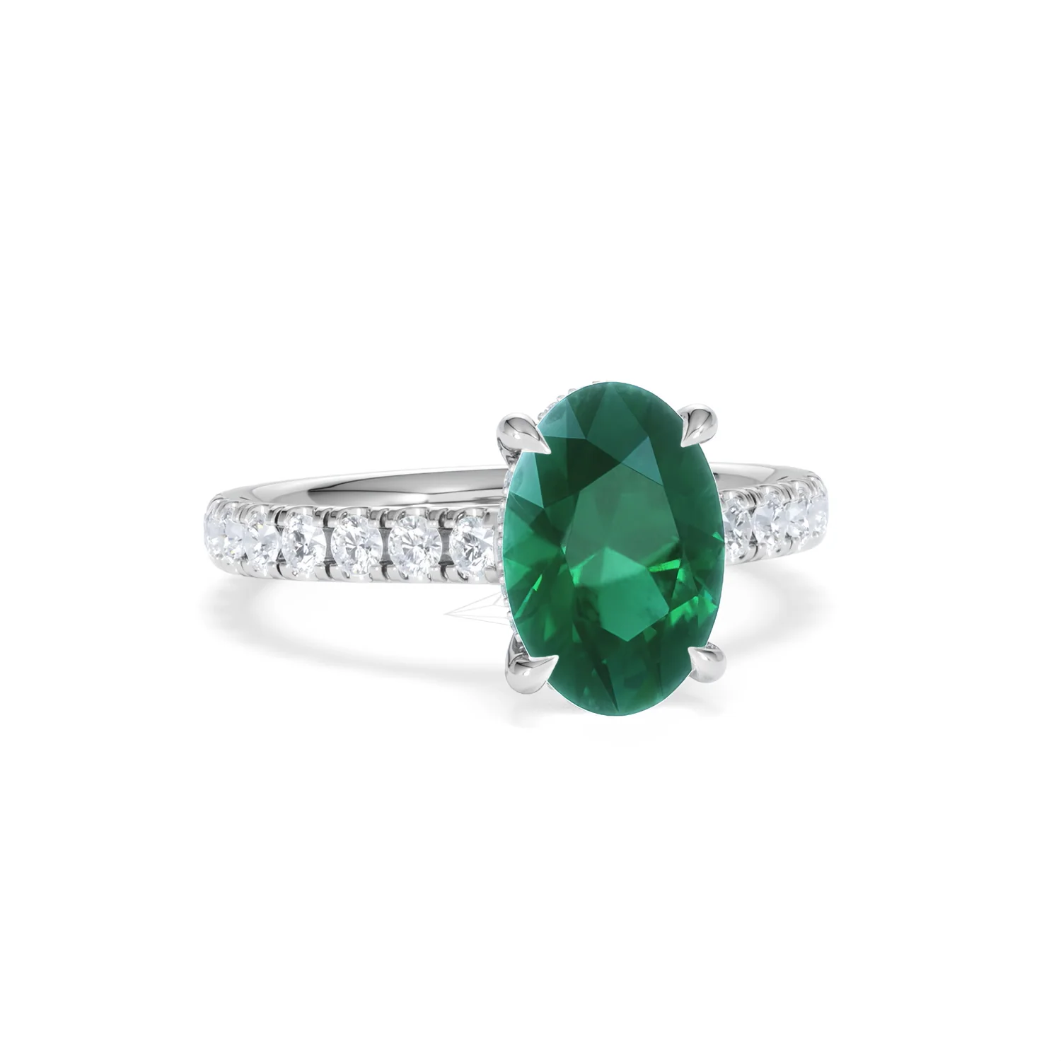 Amora 2.00ct Oval Cut Lab Emerald Hidden Halo Engagement Ring with Side Stones in 18K White Gold - Image 11