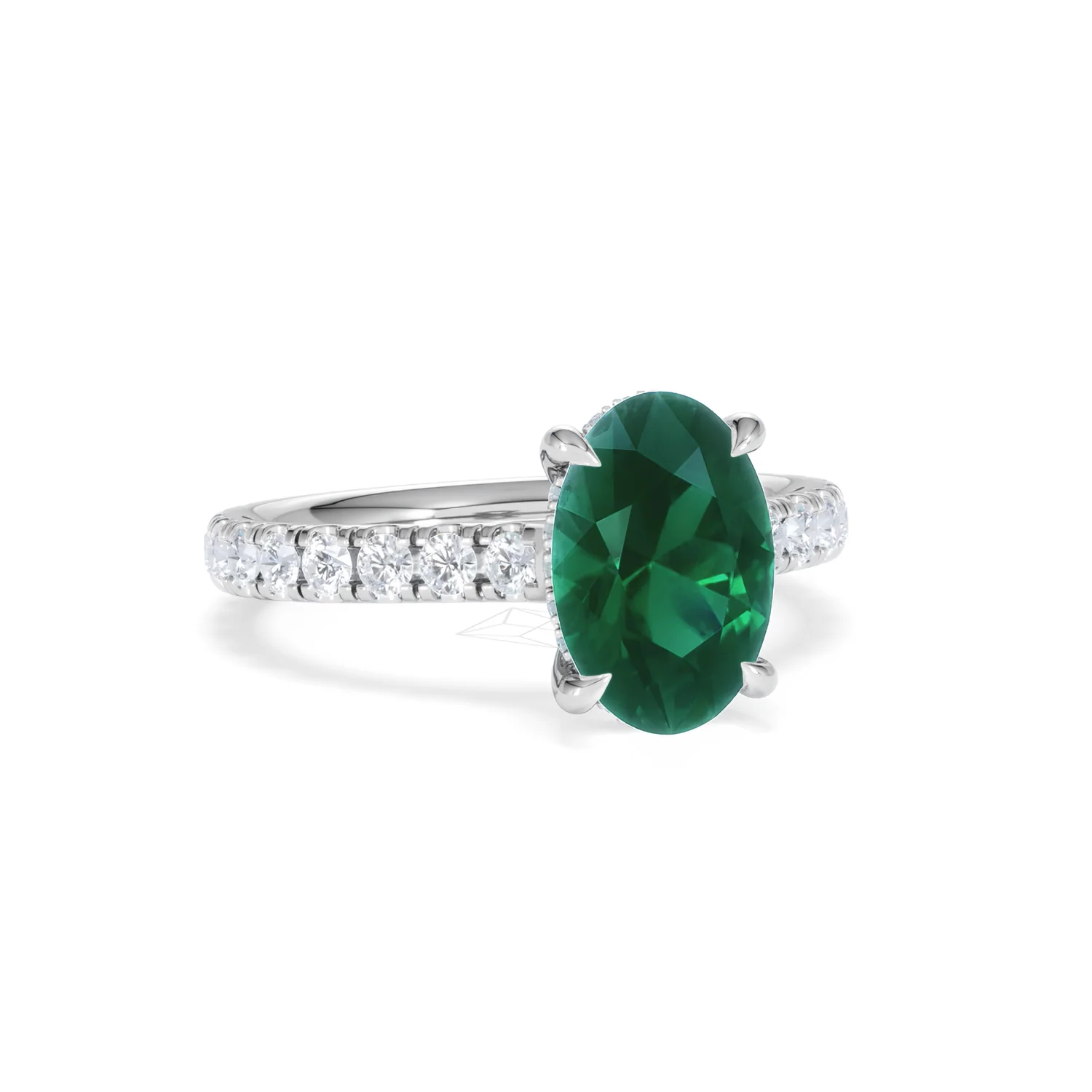 Amora 2.00ct Oval Cut Lab Emerald Hidden Halo Engagement Ring with Side Stones in 18K White Gold - Image 12