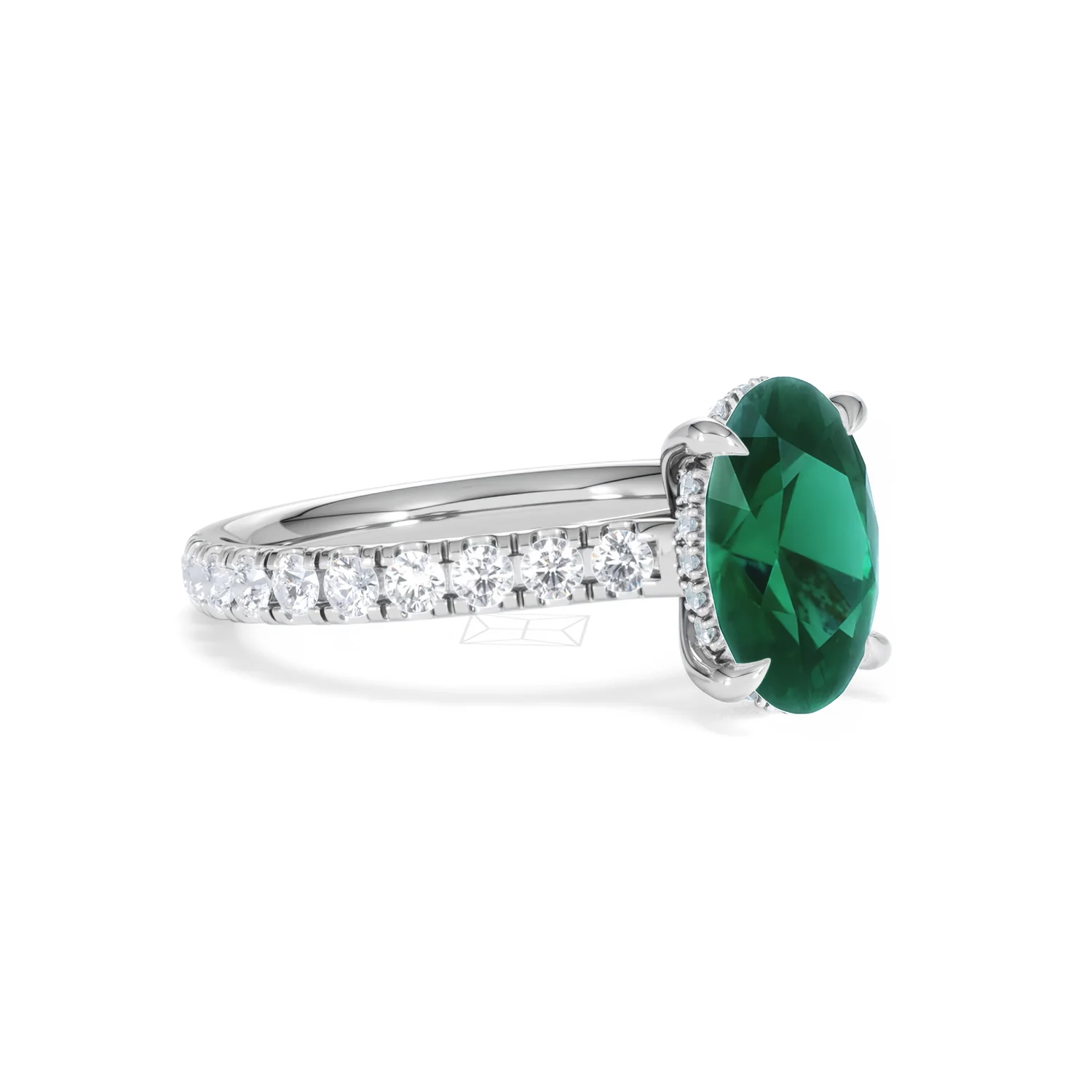 Amora 2.00ct Oval Cut Lab Emerald Hidden Halo Engagement Ring with Side Stones in 18K White Gold - Image 17