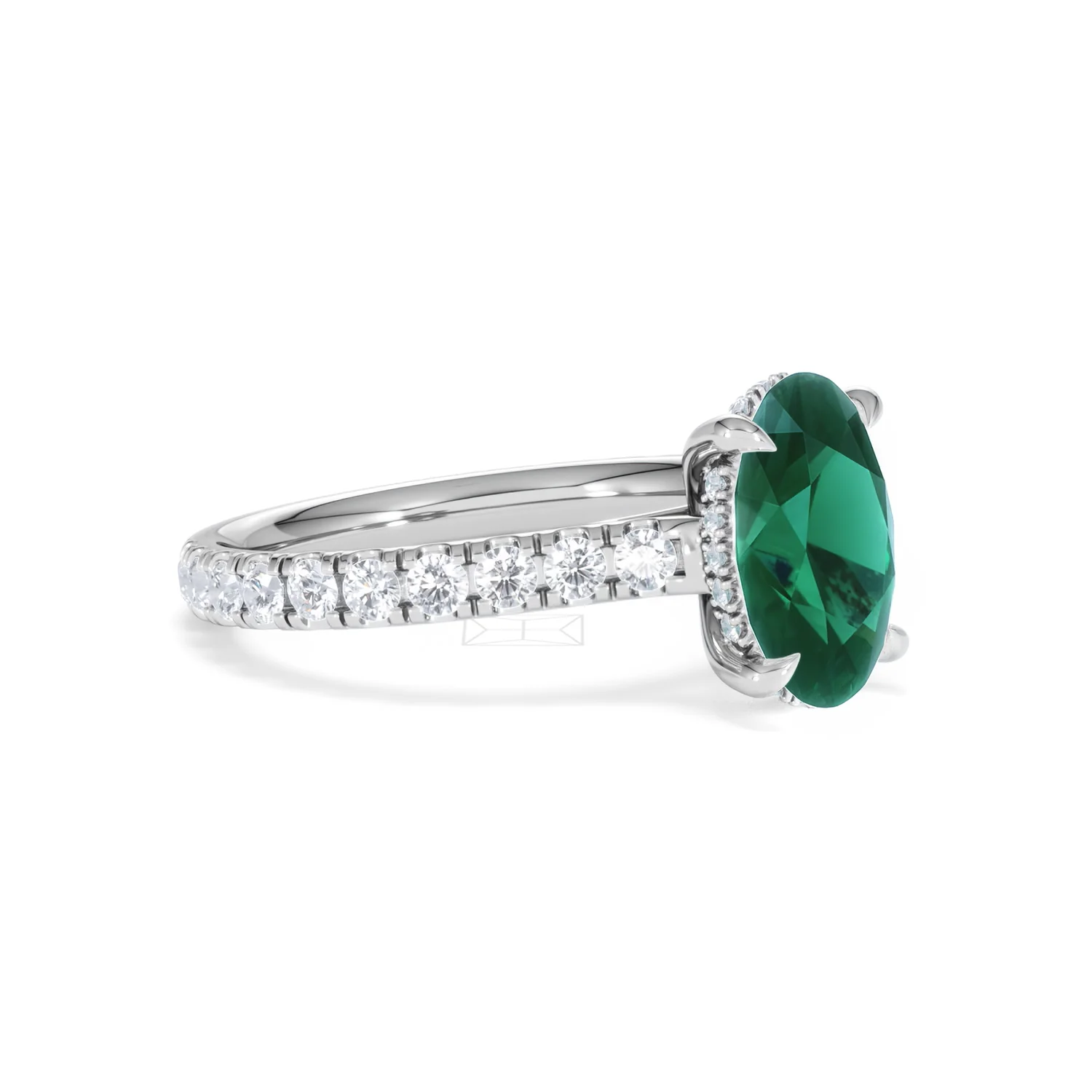 Amora 2.00ct Oval Cut Lab Emerald Hidden Halo Engagement Ring with Side Stones in 18K White Gold - Image 18