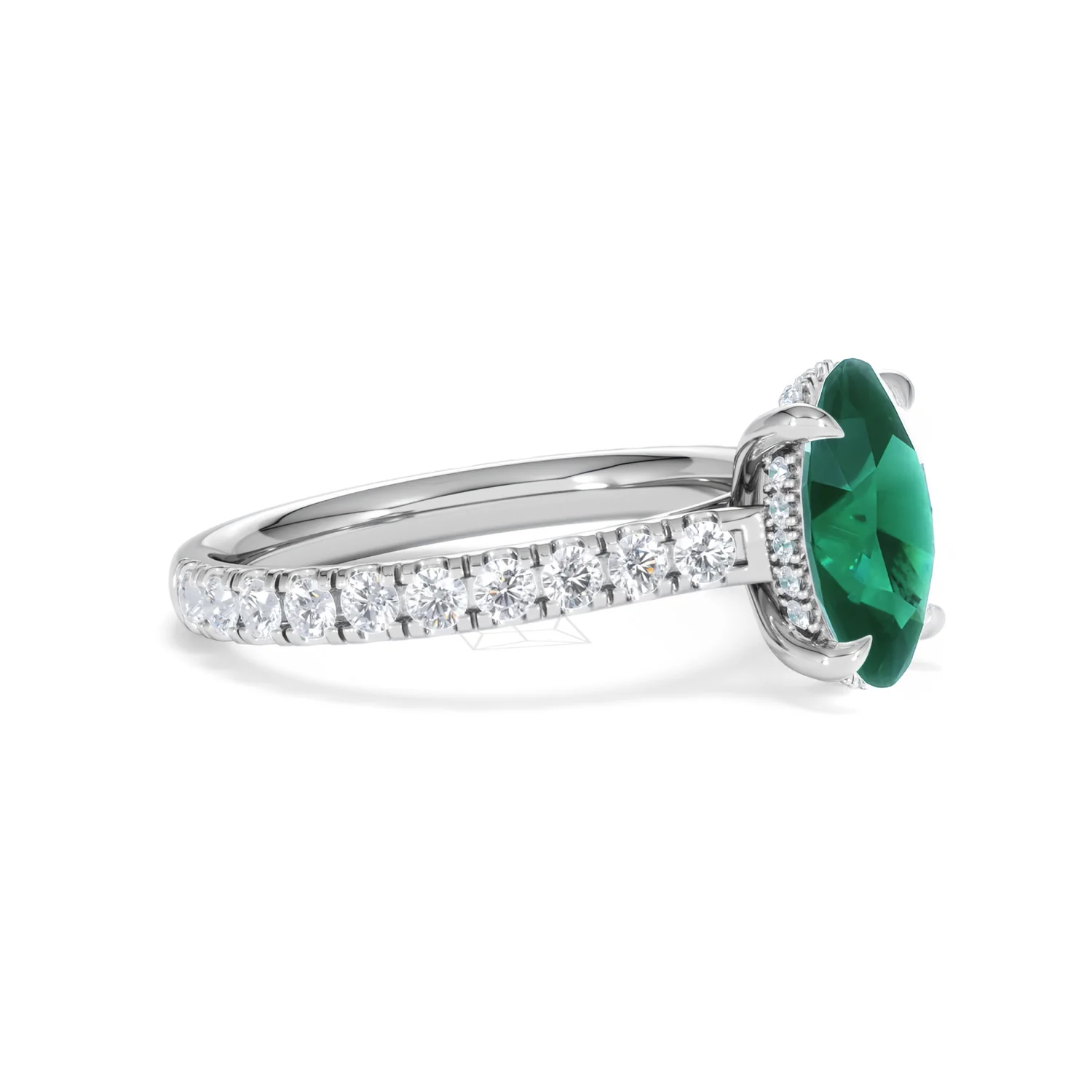 Amora 2.00ct Oval Cut Lab Emerald Hidden Halo Engagement Ring with Side Stones in 18K White Gold - Image 21