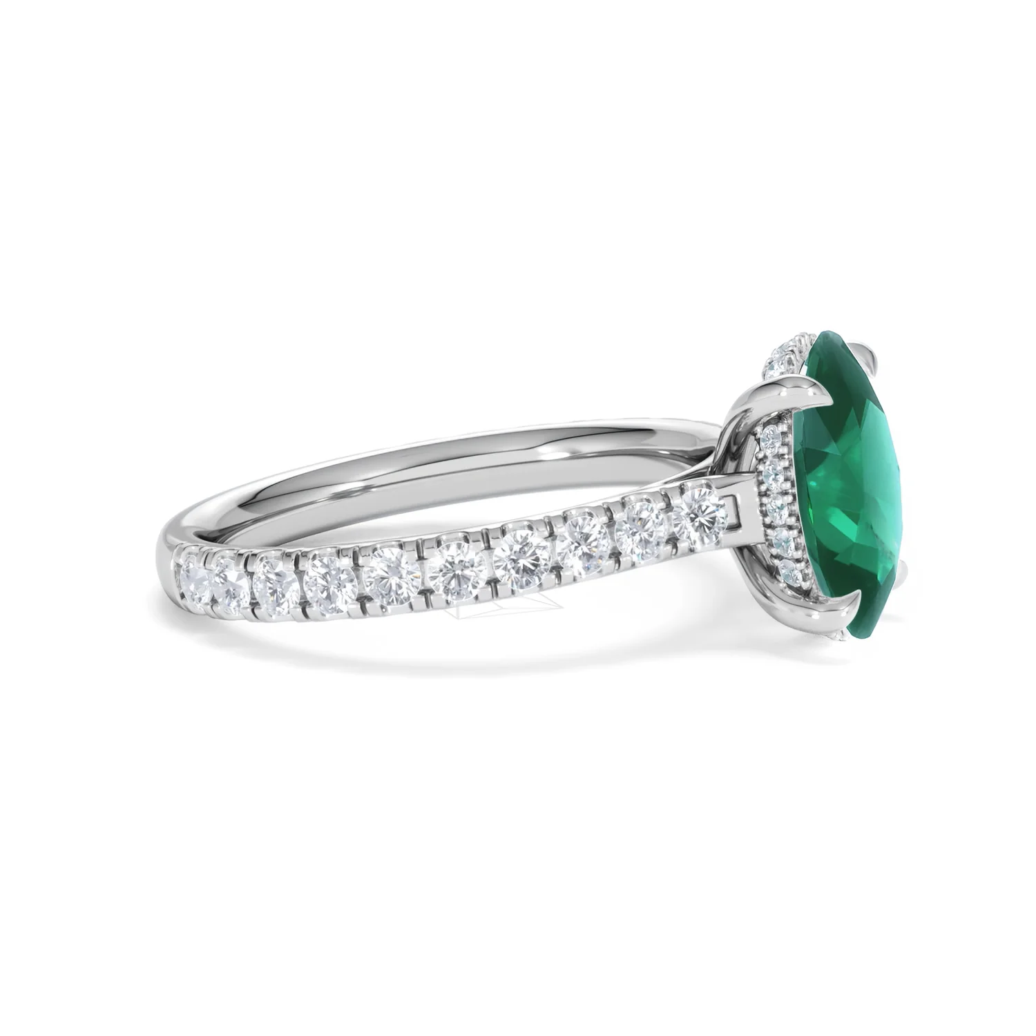 Amora 2.00ct Oval Cut Lab Emerald Hidden Halo Engagement Ring with Side Stones in 18K White Gold - Image 23