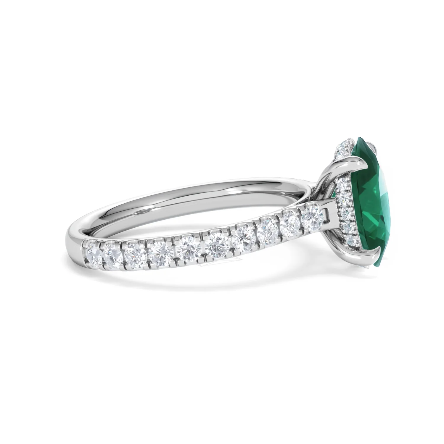 Amora 2.00ct Oval Cut Lab Emerald Hidden Halo Engagement Ring with Side Stones in 18K White Gold - Image 25