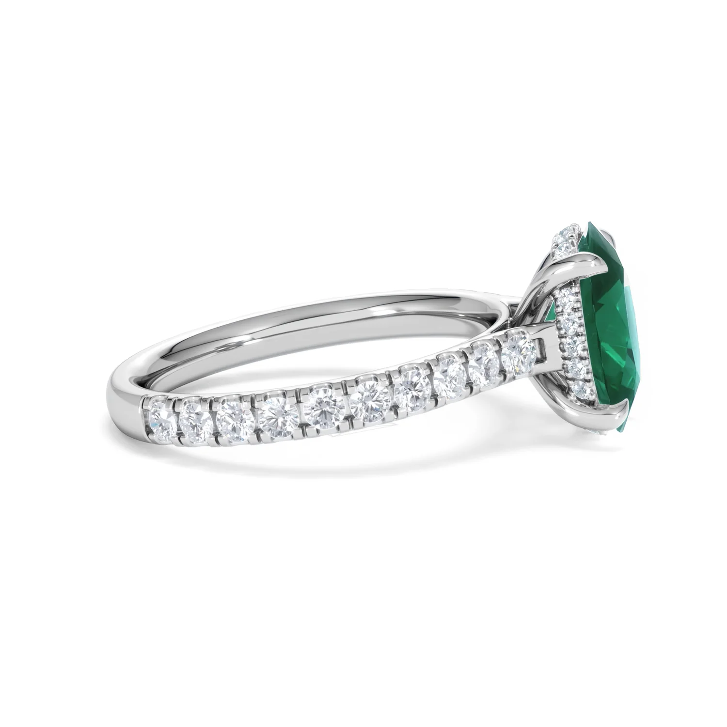 Amora 2.00ct Oval Cut Lab Emerald Hidden Halo Engagement Ring with Side Stones in 18K White Gold - Image 26