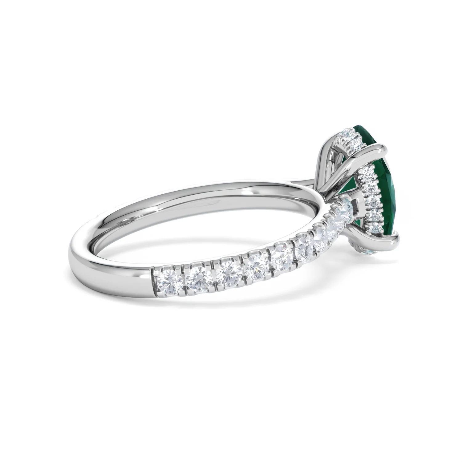 Amora 2.00ct Oval Cut Lab Emerald Hidden Halo Engagement Ring with Side Stones in 18K White Gold - Image 33