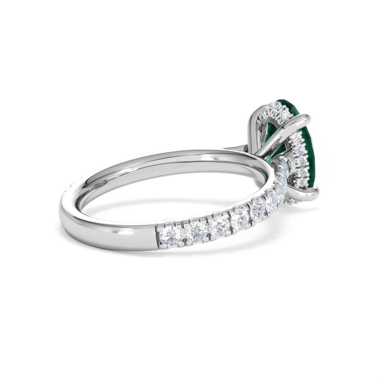 Amora 2.00ct Oval Cut Lab Emerald Hidden Halo Engagement Ring with Side Stones in 18K White Gold - Image 36