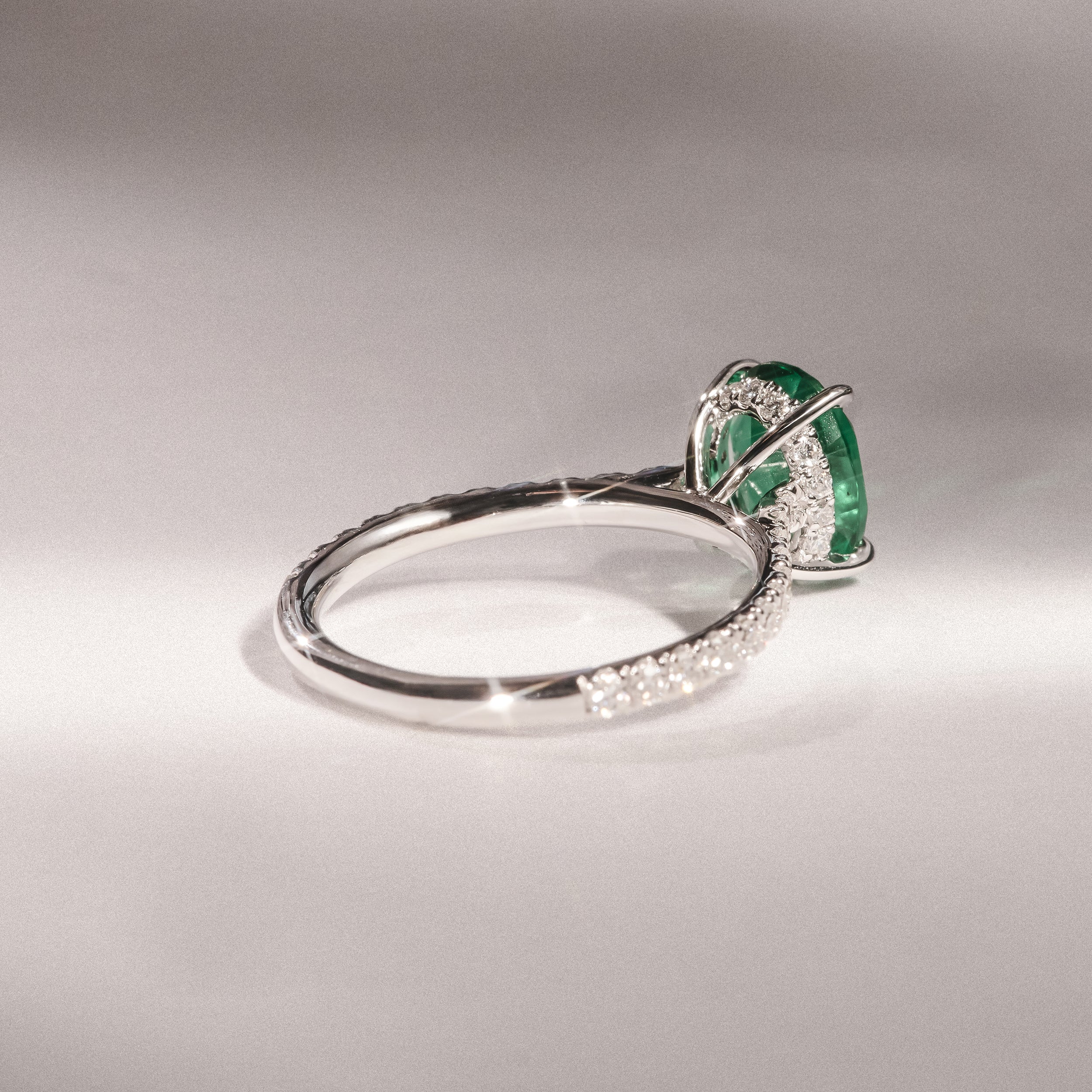 Amora 2.00ct Oval Cut Lab Emerald Hidden Halo Engagement Ring with Side Stones in 18K White Gold - Image 6