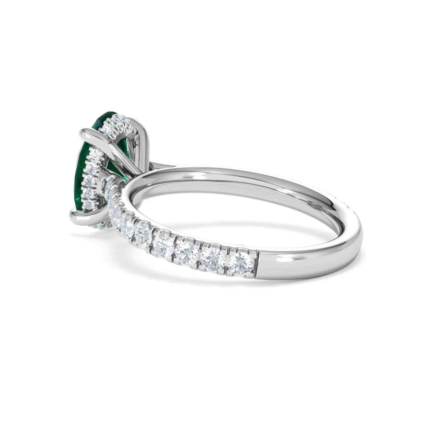 Amora 2.00ct Oval Cut Lab Emerald Hidden Halo Engagement Ring with Side Stones in 18K White Gold - Image 60