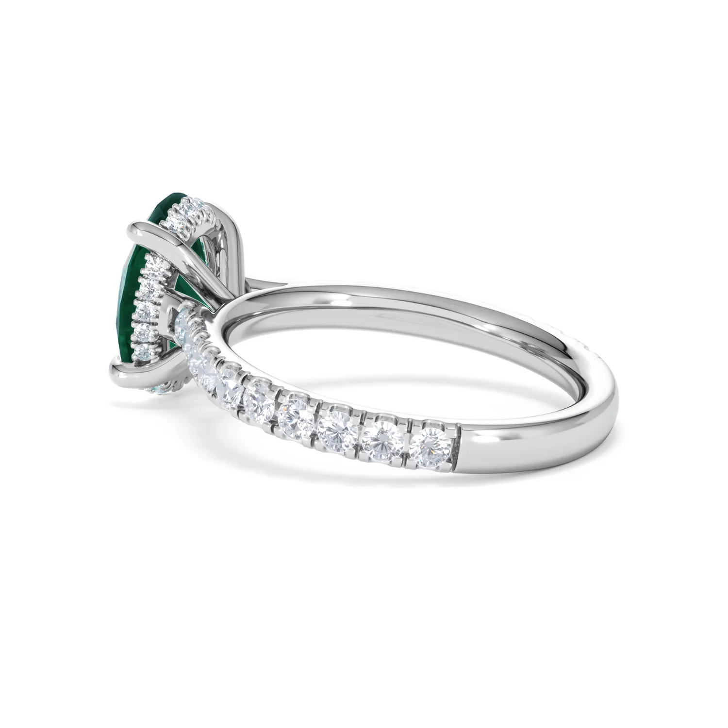 Amora 2.00ct Oval Cut Lab Emerald Hidden Halo Engagement Ring with Side Stones in 18K White Gold - Image 61