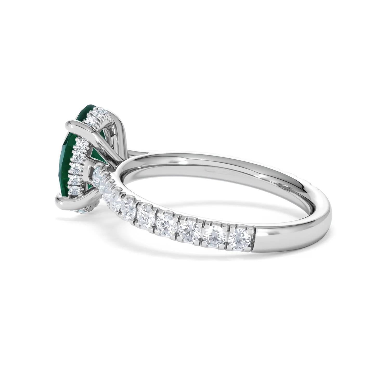 Amora 2.00ct Oval Cut Lab Emerald Hidden Halo Engagement Ring with Side Stones in 18K White Gold - Image 62