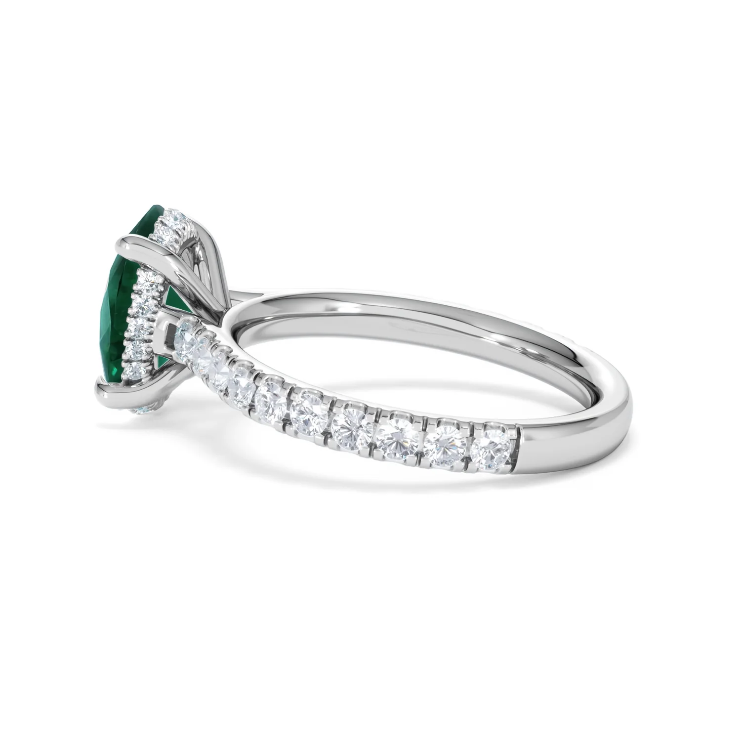 Amora 2.00ct Oval Cut Lab Emerald Hidden Halo Engagement Ring with Side Stones in 18K White Gold - Image 64