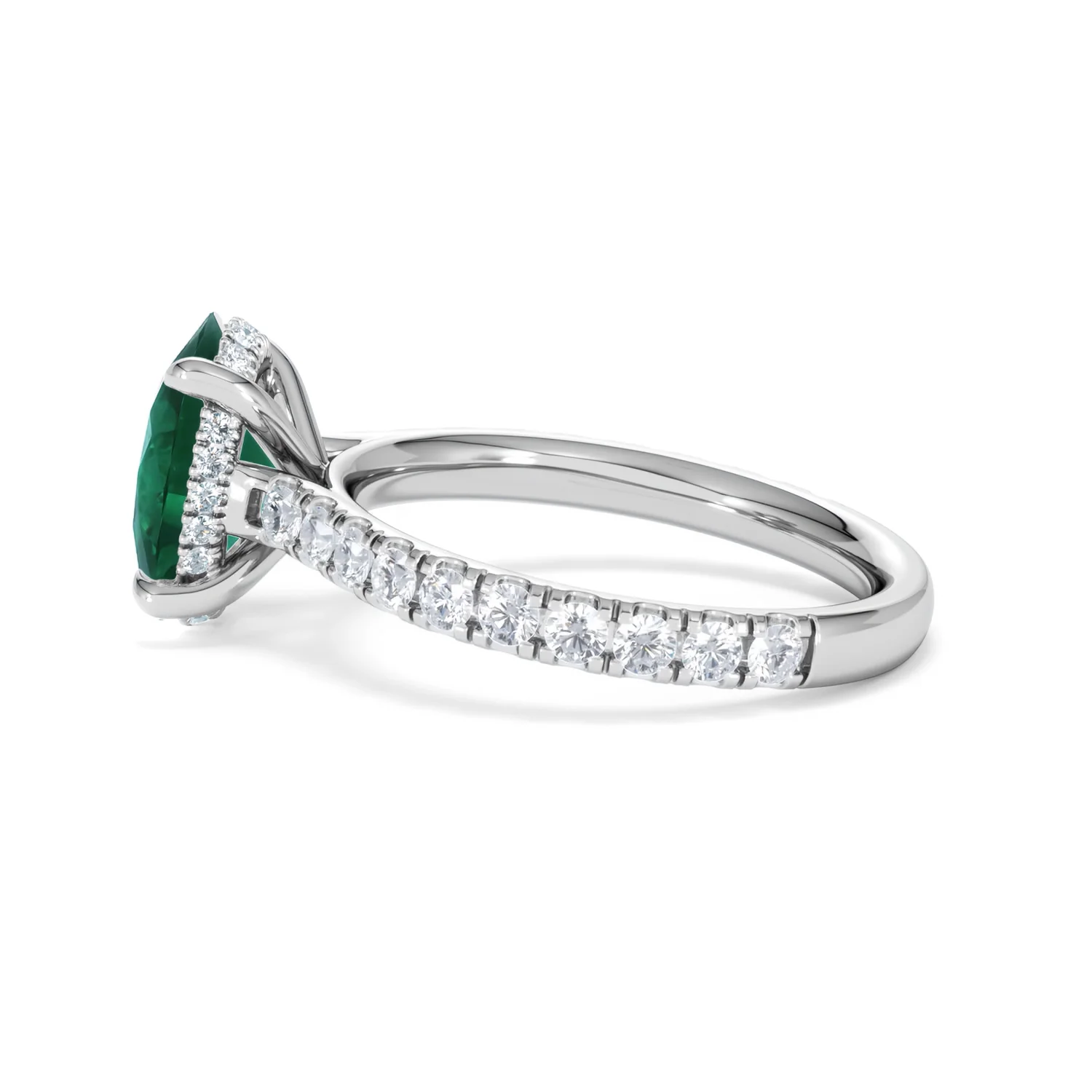 Amora 2.00ct Oval Cut Lab Emerald Hidden Halo Engagement Ring with Side Stones in 18K White Gold - Image 66