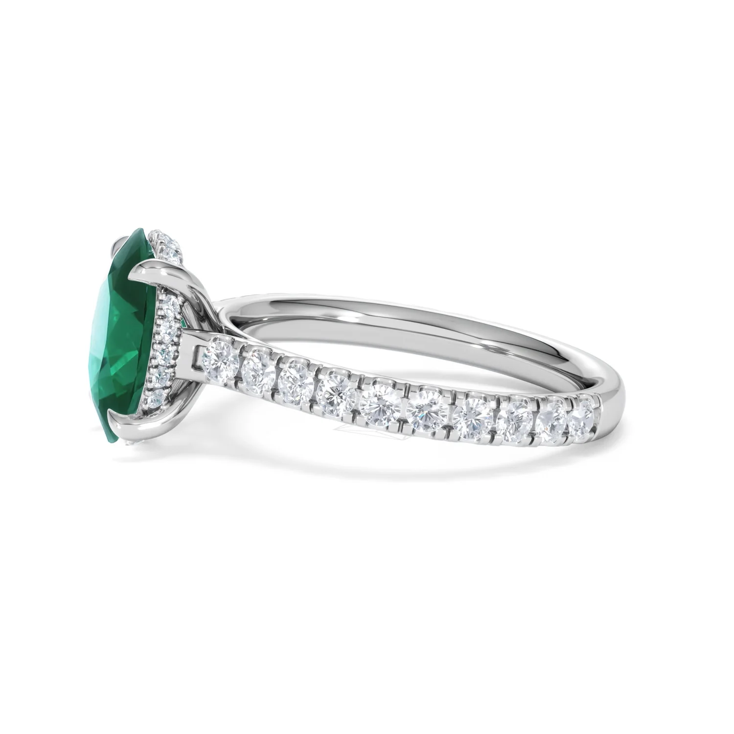 Amora 2.00ct Oval Cut Lab Emerald Hidden Halo Engagement Ring with Side Stones in 18K White Gold - Image 71