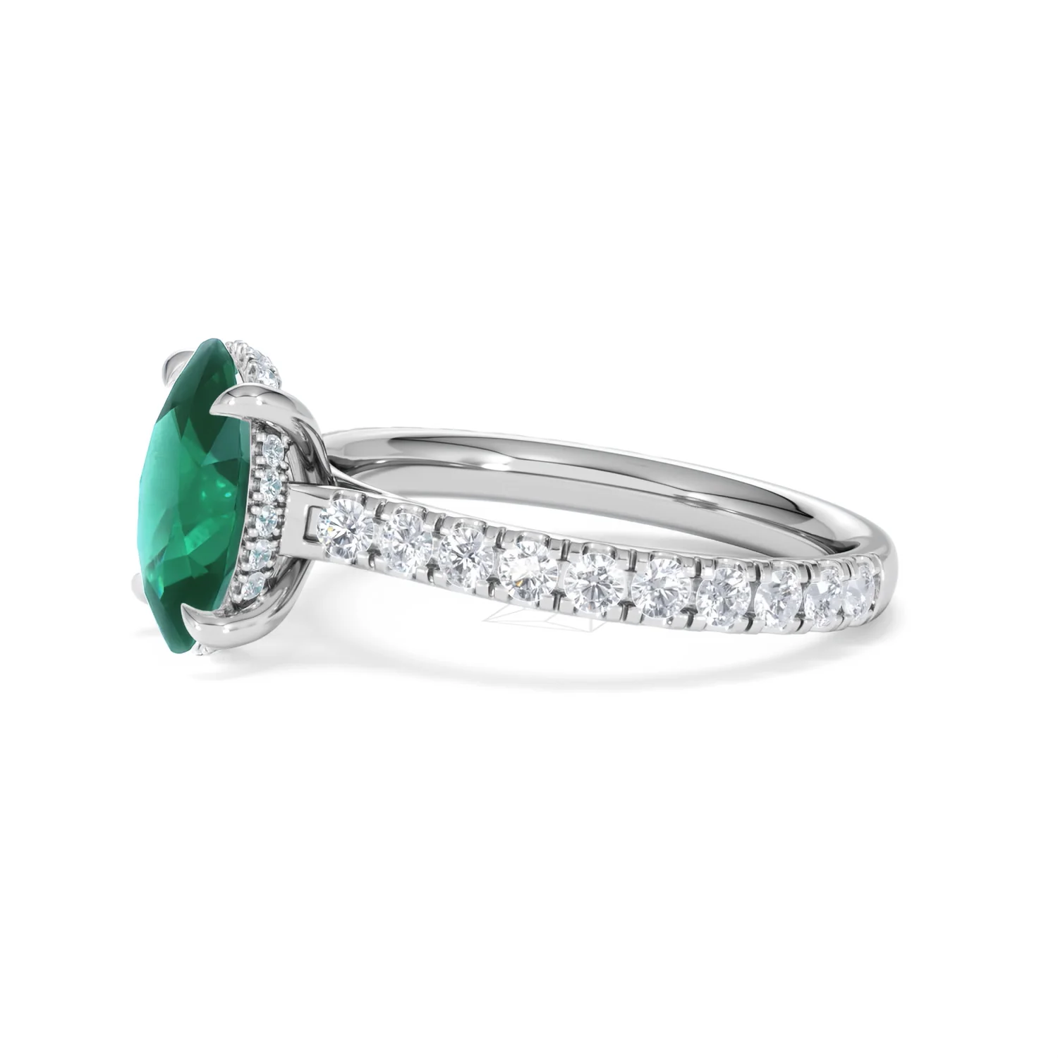 Amora 2.00ct Oval Cut Lab Emerald Hidden Halo Engagement Ring with Side Stones in 18K White Gold - Image 73