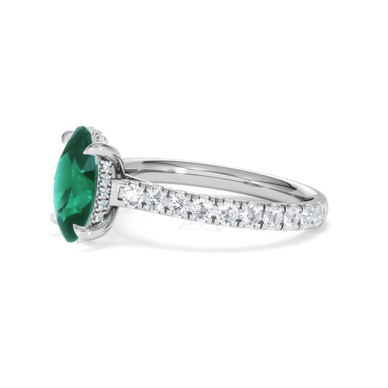 Amora 2.00ct Oval Cut Lab Emerald Hidden Halo Engagement Ring with Side Stones in 18K White Gold - Image 74