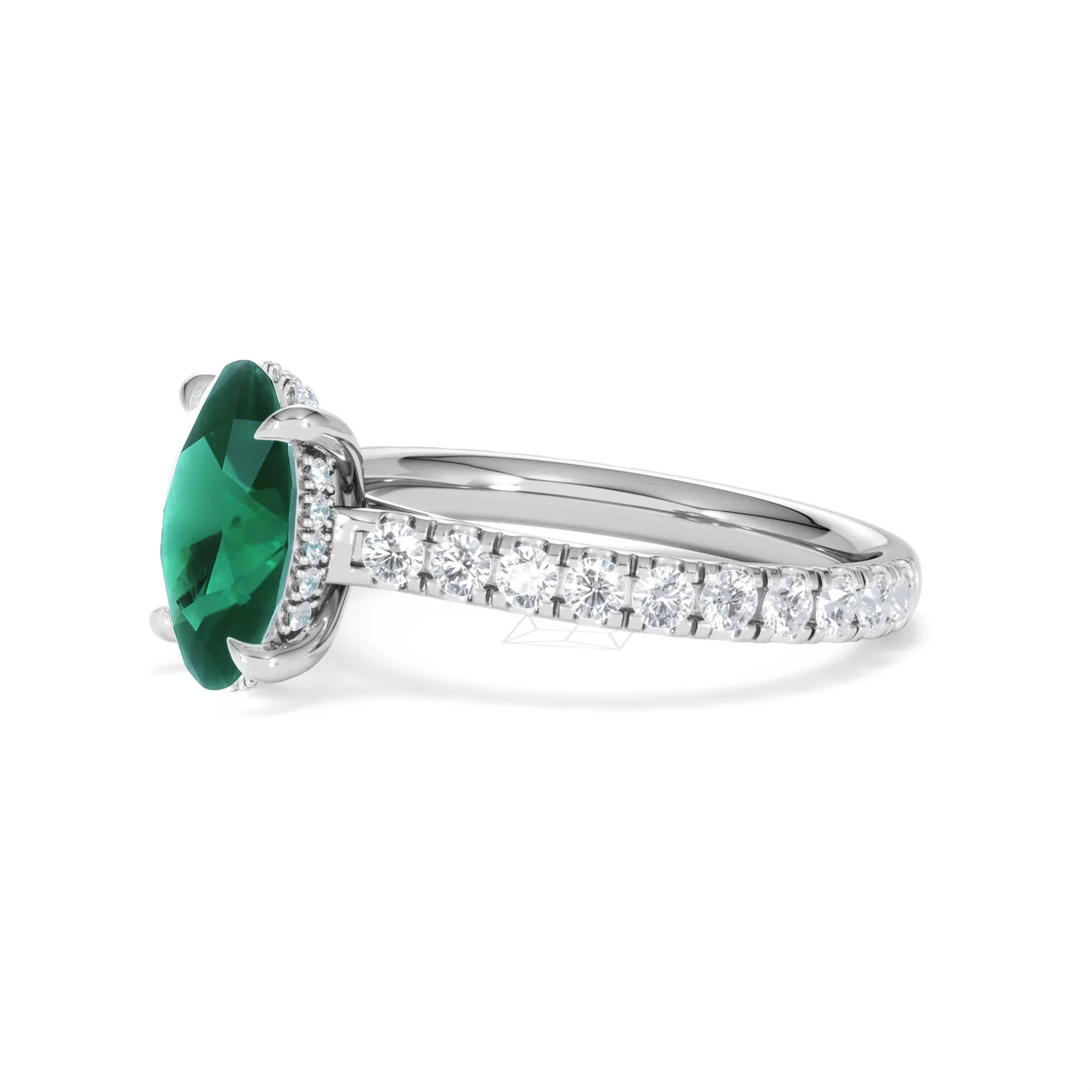 Amora 2.00ct Oval Cut Lab Emerald Hidden Halo Engagement Ring with Side Stones in 18K White Gold - Image 75