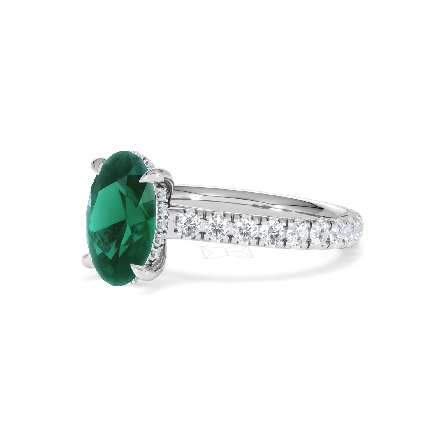 Amora 2.00ct Oval Cut Lab Emerald Hidden Halo Engagement Ring with Side Stones in 18K White Gold - Image 79