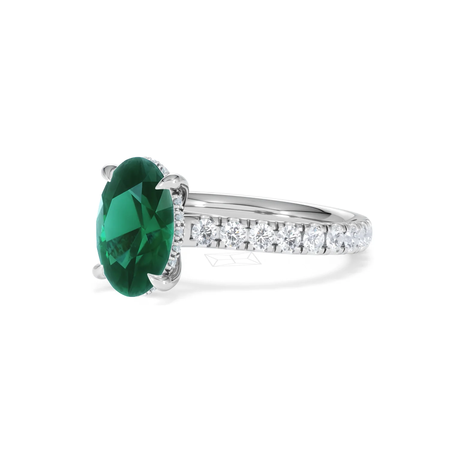 Amora 2.00ct Oval Cut Lab Emerald Hidden Halo Engagement Ring with Side Stones in 18K White Gold - Image 80