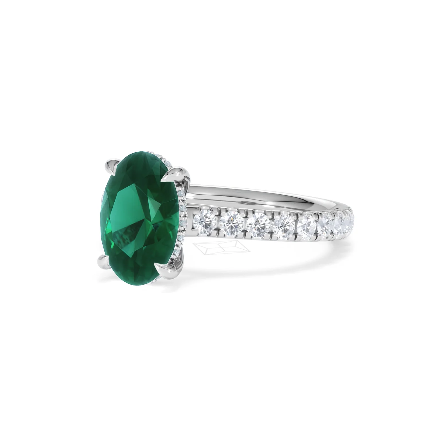 Amora 2.00ct Oval Cut Lab Emerald Hidden Halo Engagement Ring with Side Stones in 18K White Gold - Image 81