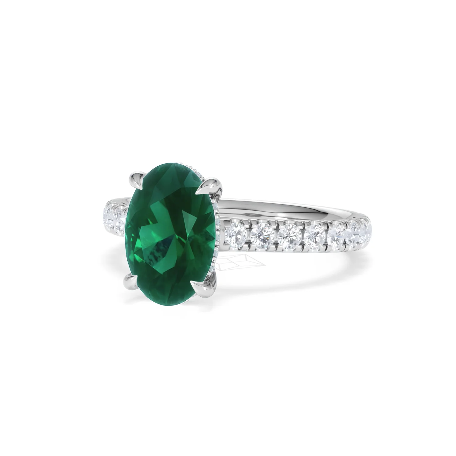 Amora 2.00ct Oval Cut Lab Emerald Hidden Halo Engagement Ring with Side Stones in 18K White Gold - Image 83
