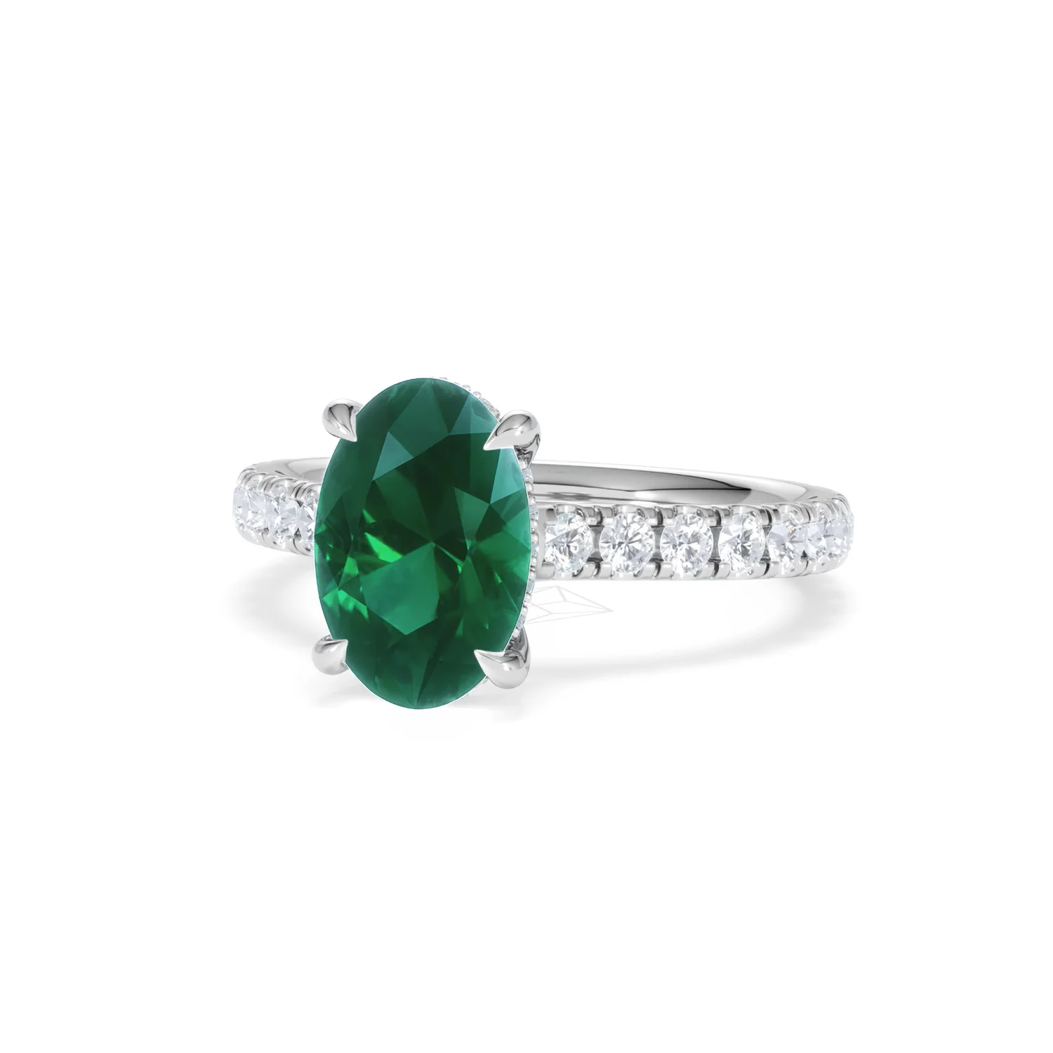 Amora 2.00ct Oval Cut Lab Emerald Hidden Halo Engagement Ring with Side Stones in 18K White Gold - Image 84