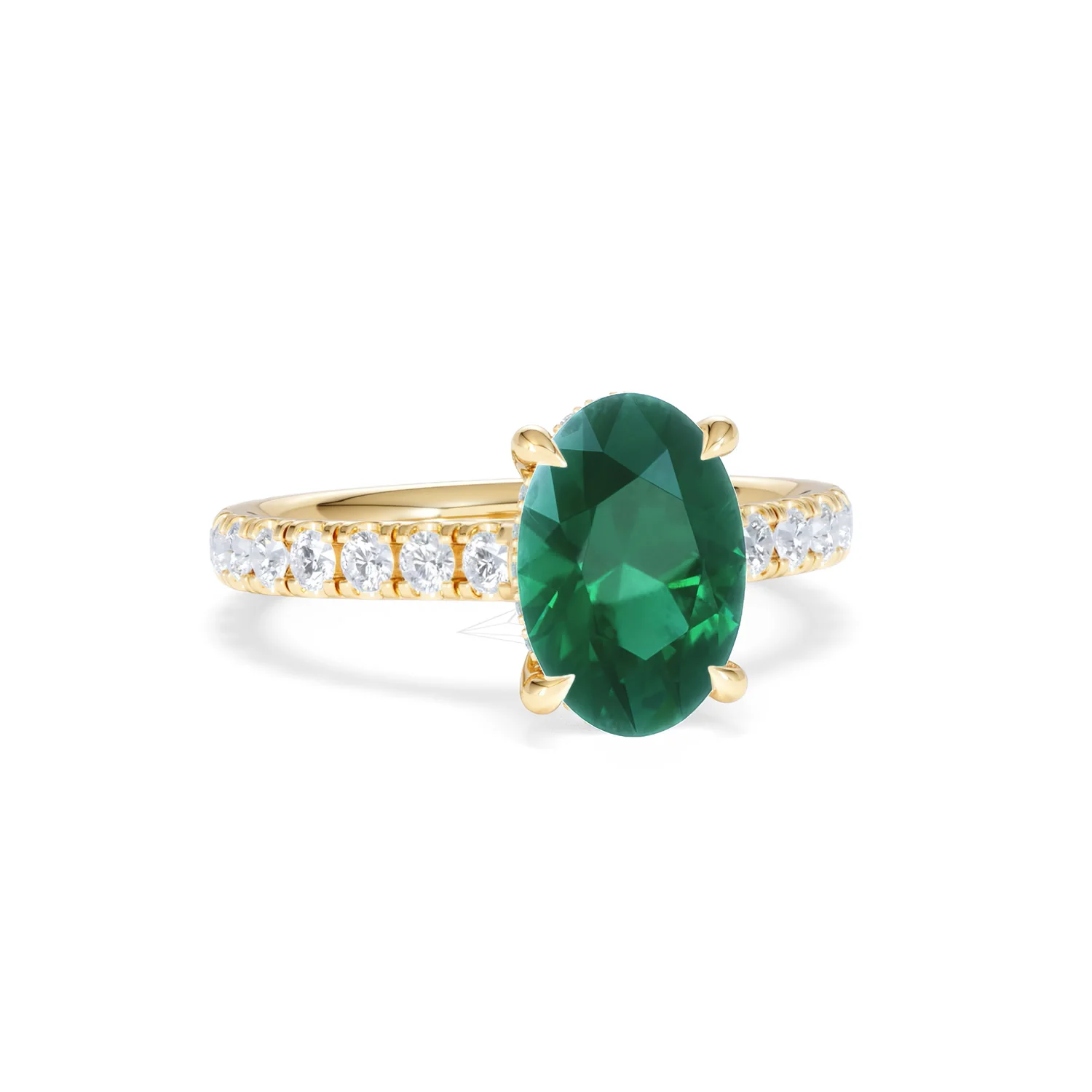 Amora 2.00ct Oval Cut Lab Emerald Hidden Halo Engagement Ring with Side Stones in 18K Yellow Gold - Image 11