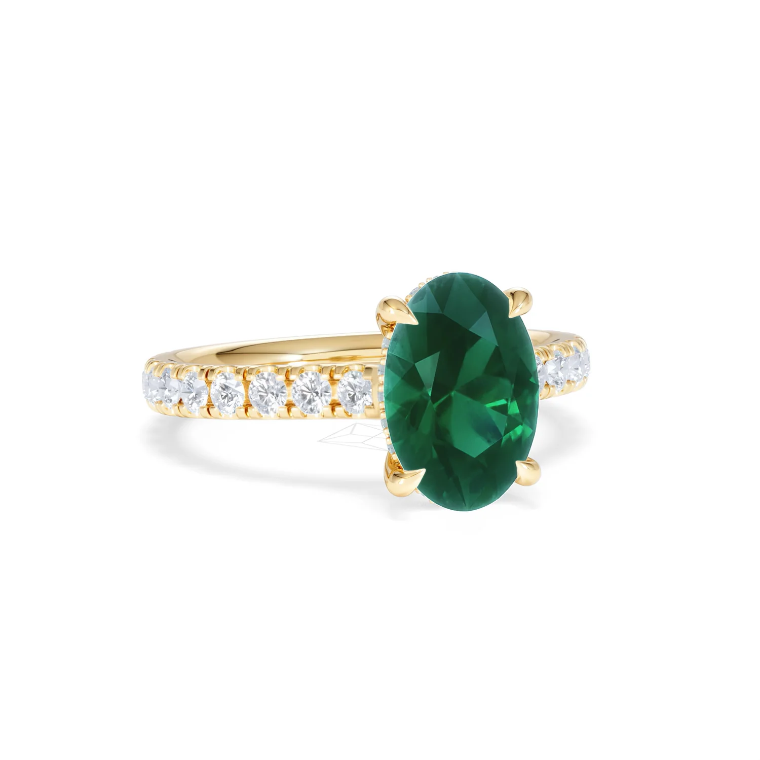 Amora 2.00ct Oval Cut Lab Emerald Hidden Halo Engagement Ring with Side Stones in 18K Yellow Gold - Image 12