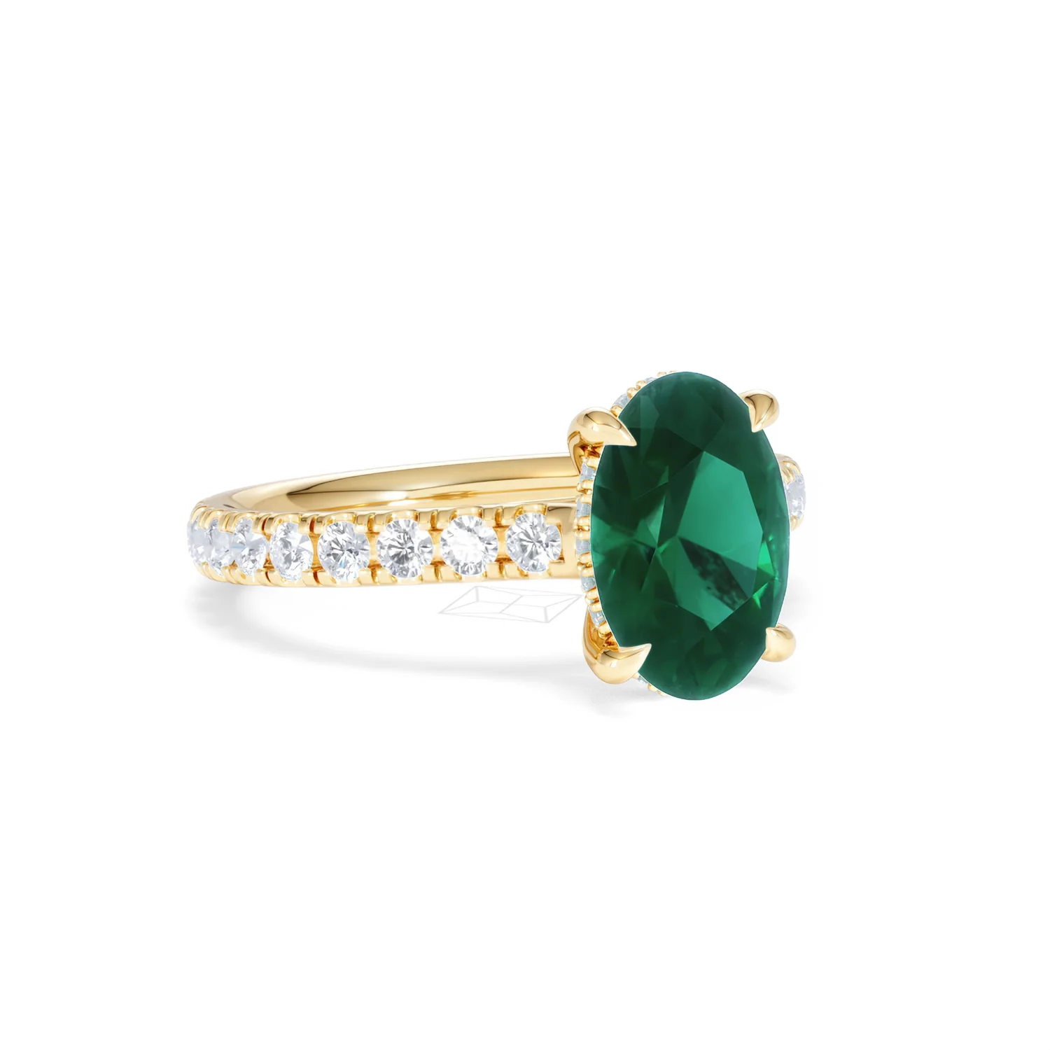 Amora 2.00ct Oval Cut Lab Emerald Hidden Halo Engagement Ring with Side Stones in 18K Yellow Gold - Image 14