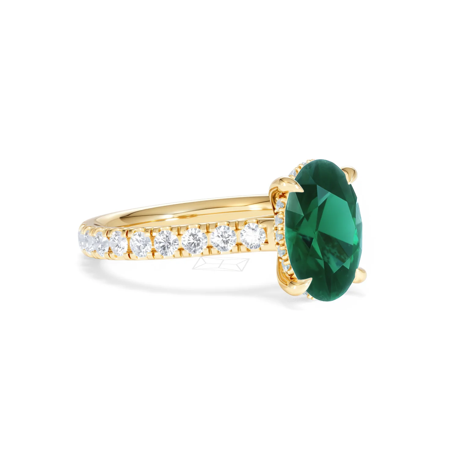 Amora 2.00ct Oval Cut Lab Emerald Hidden Halo Engagement Ring with Side Stones in 18K Yellow Gold - Image 16